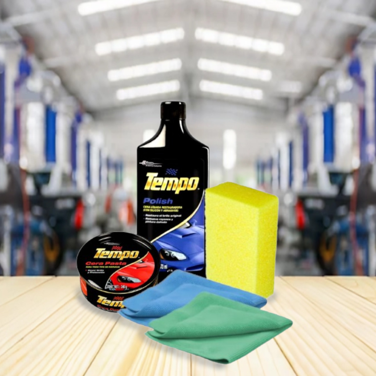 Cera pasta Tempo y cera líquida Polish + eponja y 2 paños.