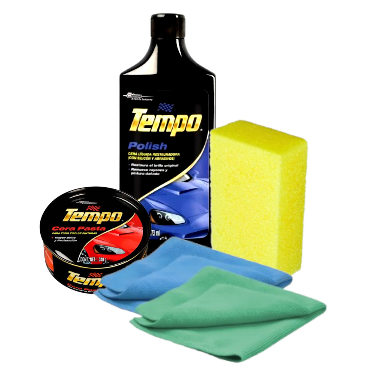 Cera pasta Tempo y cera líquida Polish + eponja y 2 paños.