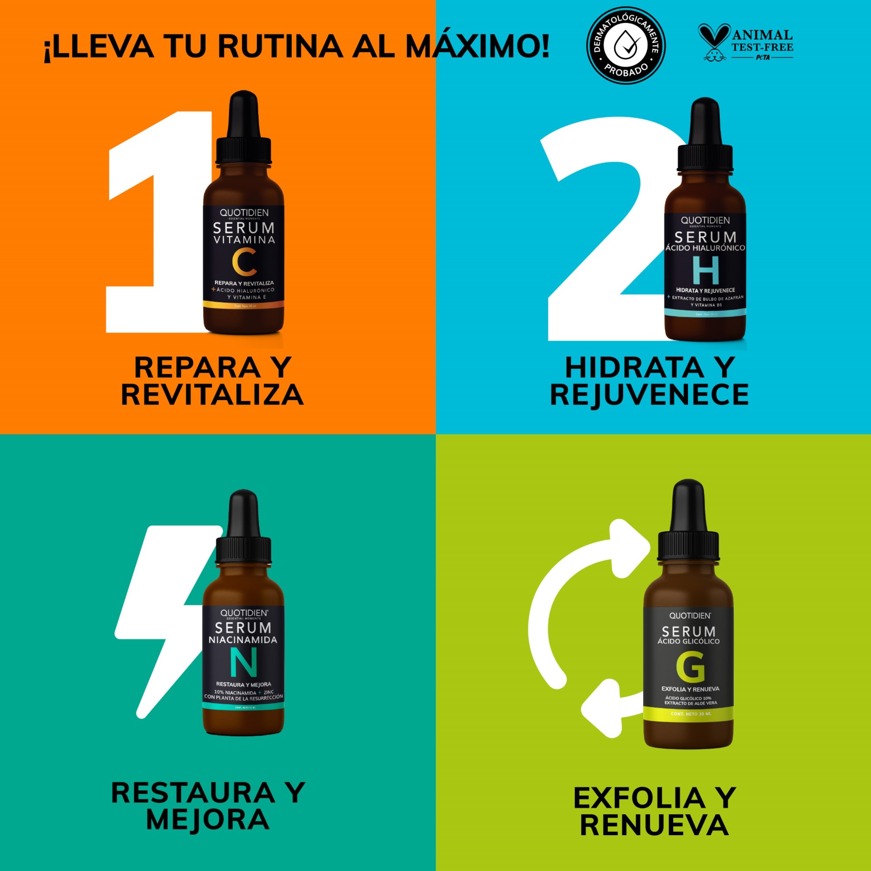 Kit Serum Vitamina C + Suero Acido Hialuronico + Niacinamida + Serum Ácido Glicólico Skin Care Hidratante Facial Quotidien