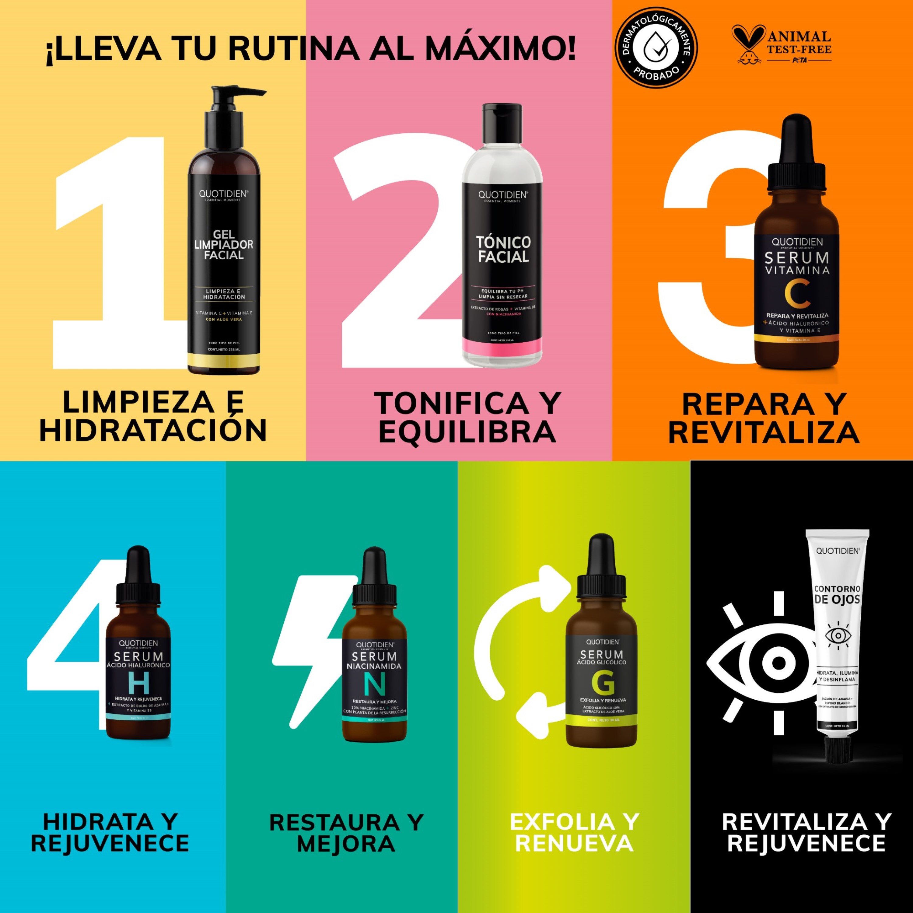 Kit Limpiador + Tónico + Serum Vitamina C + Serum Niacinamida + Suero Acido Hialuronico + Serum Acido Glicólico +  Gel Contorno de Ojos Skin Care Facial Quotidien