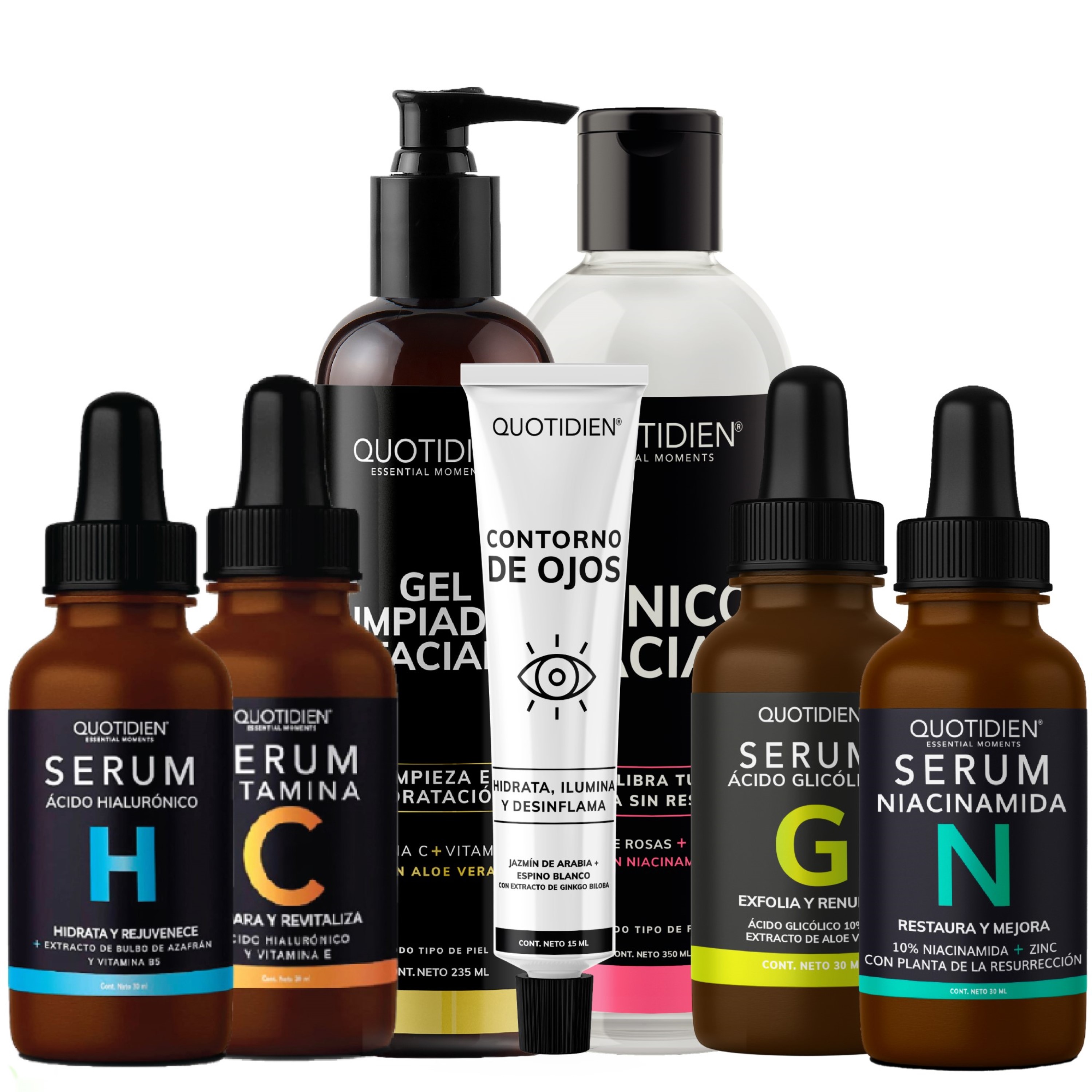 Kit Limpiador + Tónico + Serum Vitamina C + Serum Niacinamida + Suero Acido Hialuronico + Serum Acido Glicólico +  Gel Contorno de Ojos Skin Care Facial Quotidien