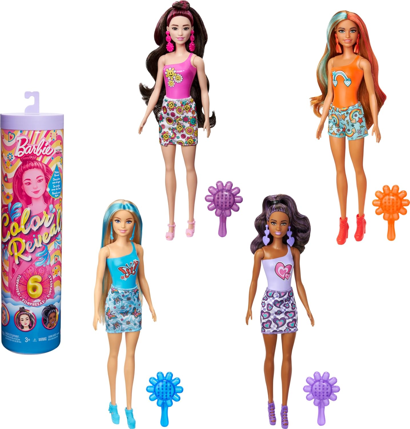 Barbie Color Reveal Muñeca Colores del Arcoíris para niñas de 3 años en adelante revela con el agua 