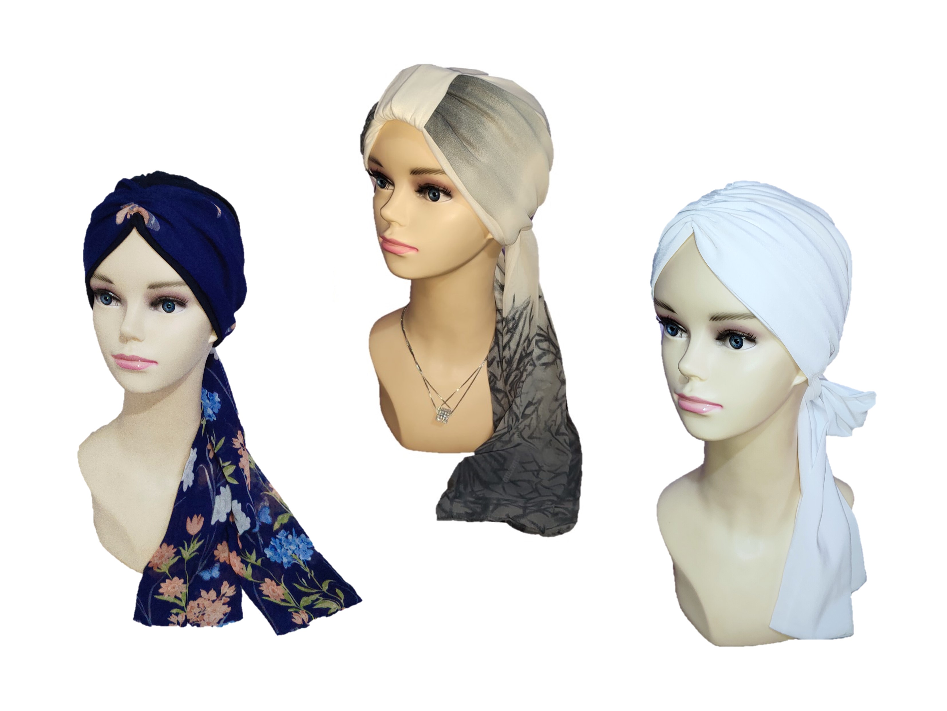 Set de 3 Turbantes Gorro Mujer Elegantes Oncológicos con Accesorios en Mascada TYAMIA