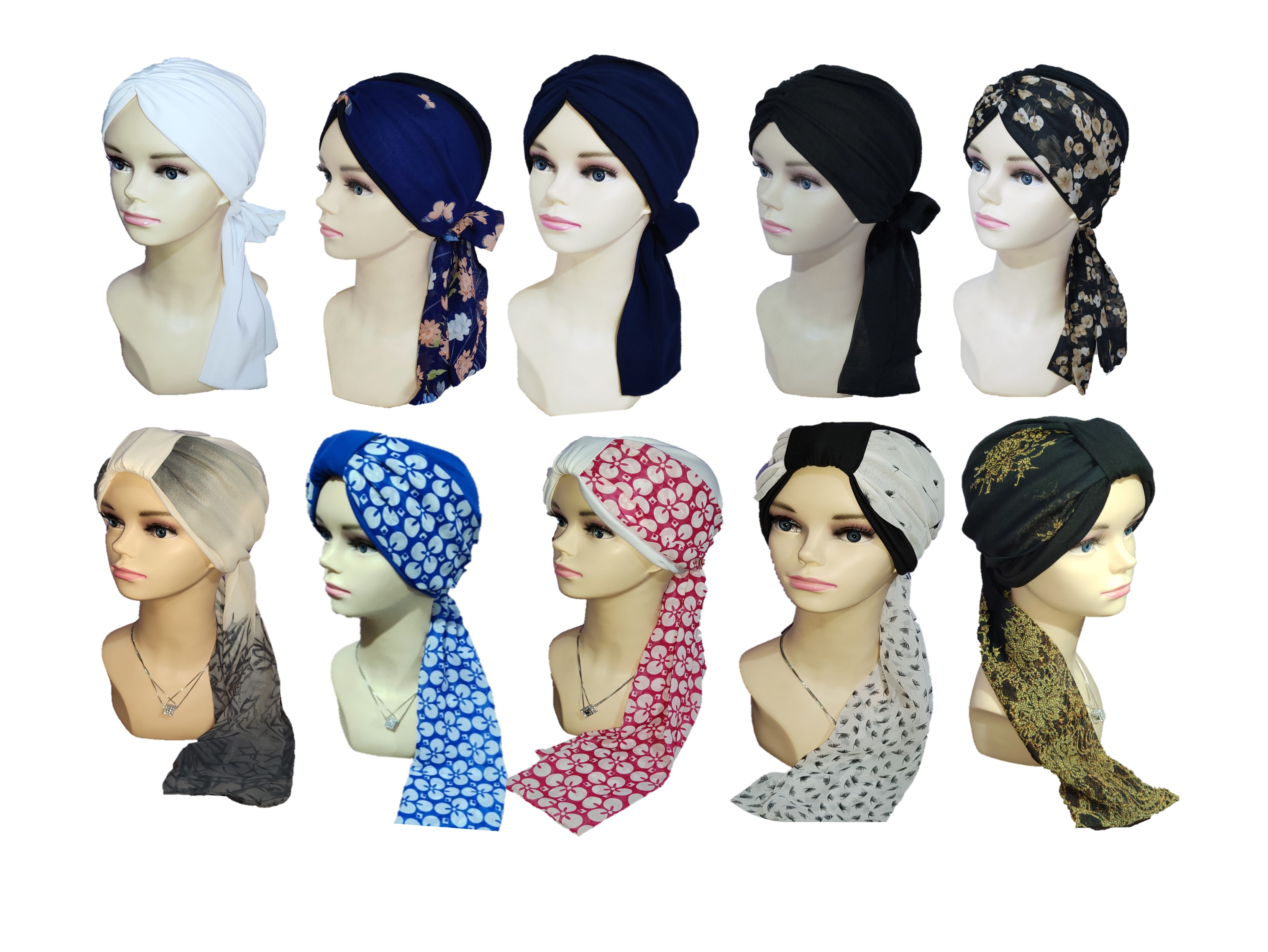 Set de 10 Turbantes Gorro Mujer Elegantes Oncológicos con Accesorios en Mascada TYAMIA - mayoreo