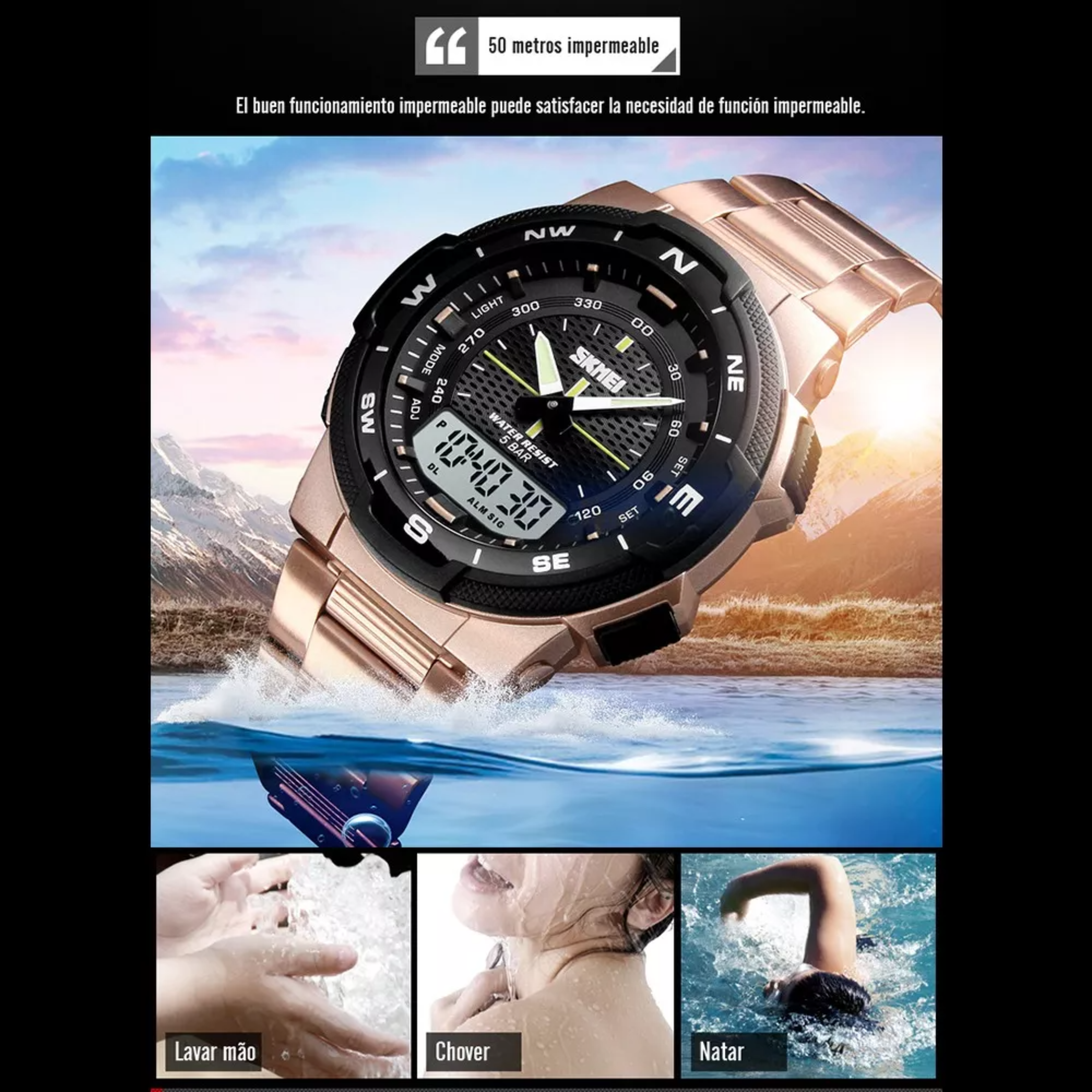 Reloj de pulsera Skmei 1370 de cuerpo color dorado, analógico-digital, para hombre