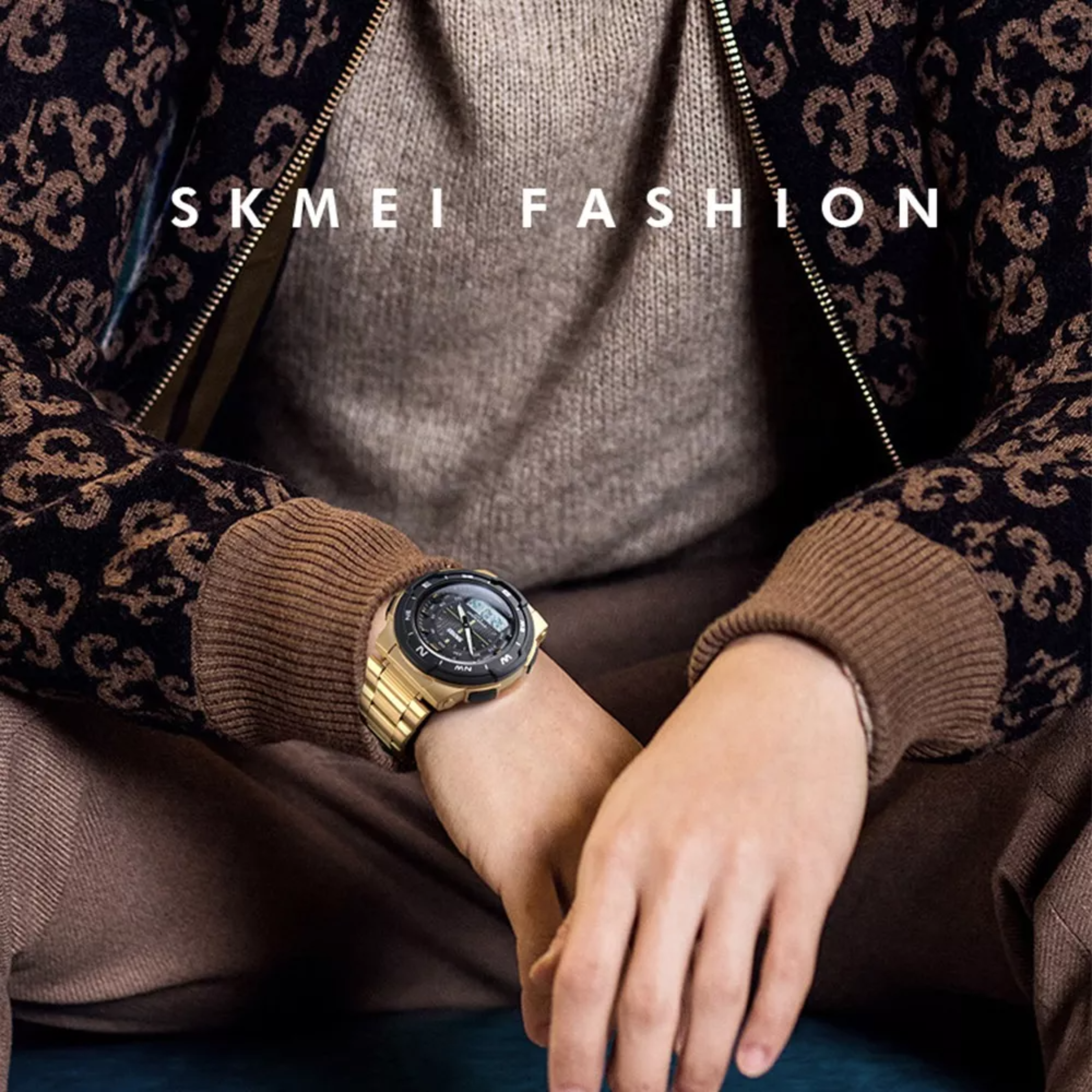Reloj de pulsera Skmei 1370 de cuerpo color dorado, analógico-digital, para hombre