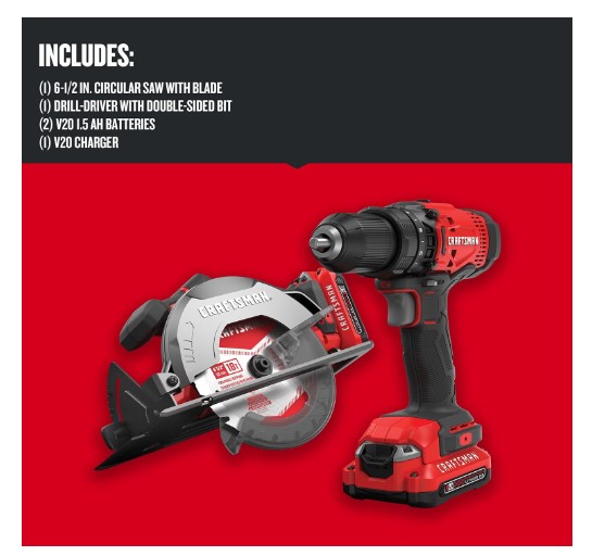 CRAFTSMAN V20 KIT combinado inalámbrico con taladro, sierra circular y 2 baterías .