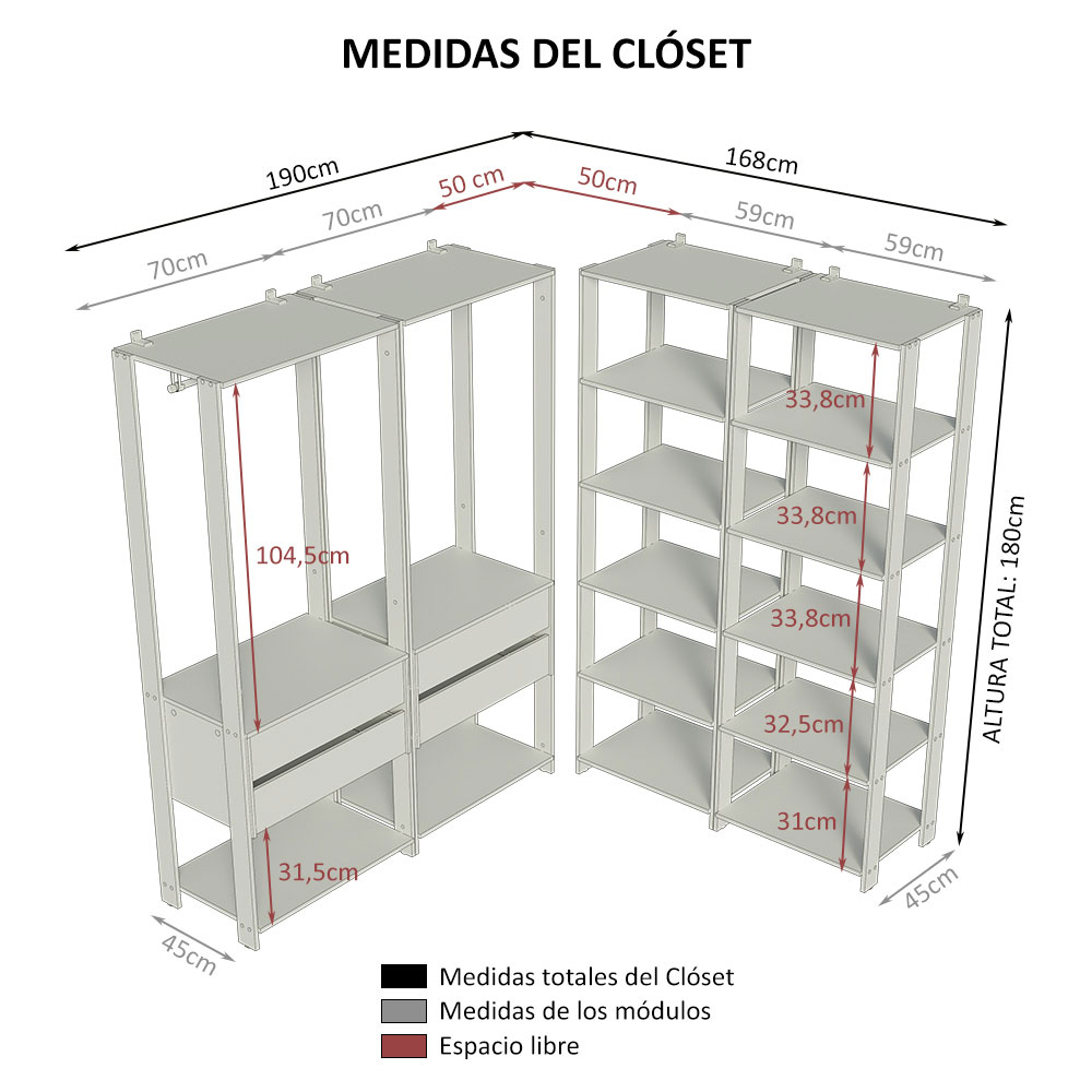 Ropero Closet Modular Valencia 4 Cajones 358cm Rústico/Negro Madesa 03.