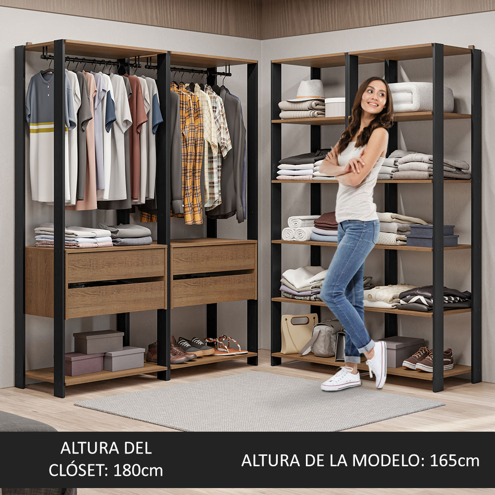 Ropero Closet Modular Valencia 4 Cajones 358cm Rústico/Negro Madesa 03.
