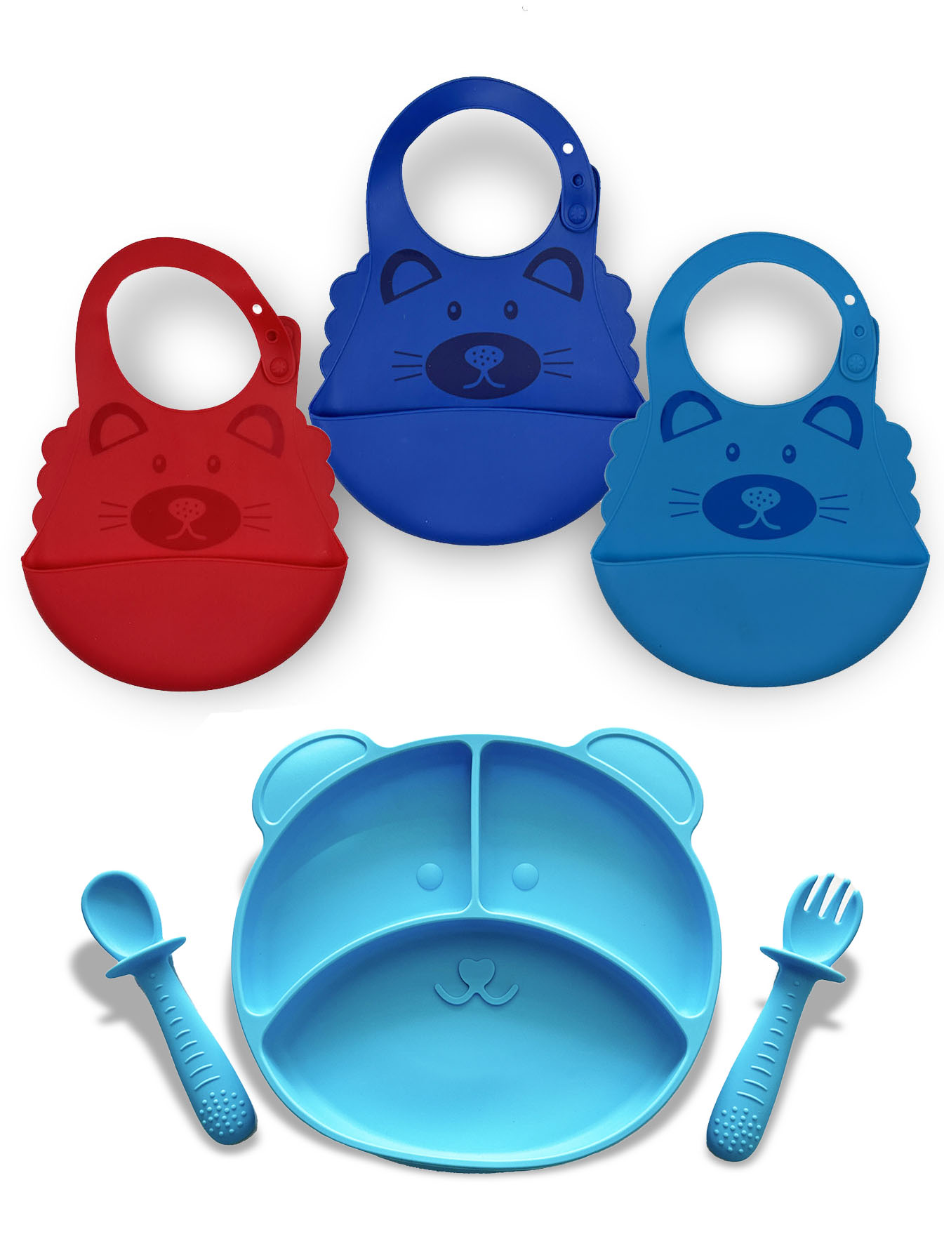 Set de 3 Baberos para Bebé y Plato con Cubiertos en Silicona .