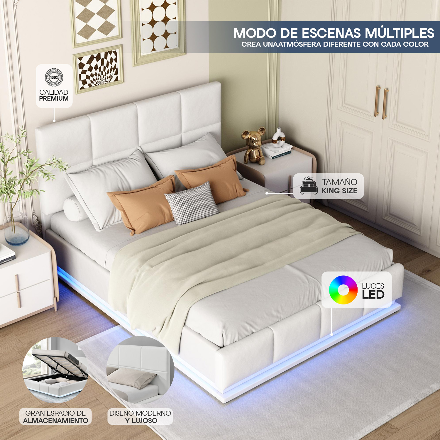 Base King Size Moderno Luz LED y Almacenamiento Bossa Kane.