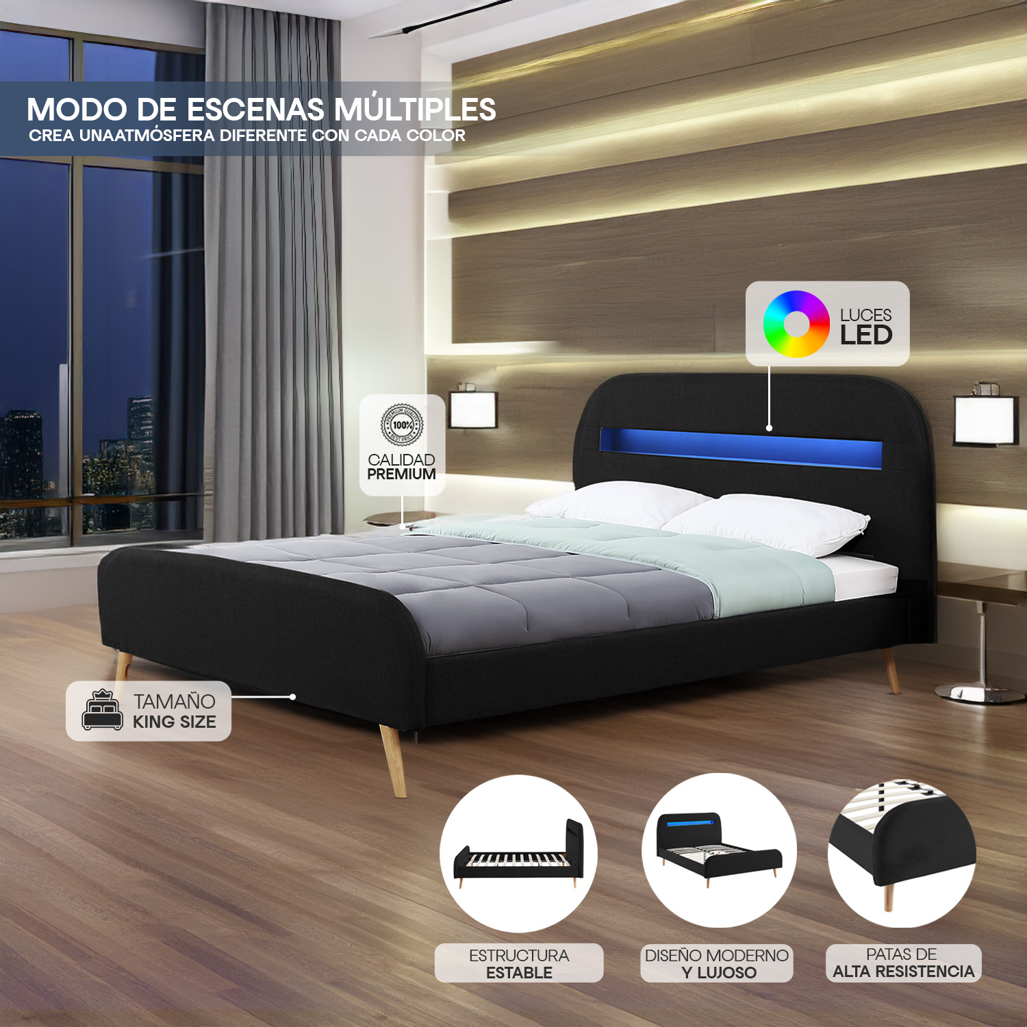 Base King Size Moderno Luces Led Bossa Diamond.