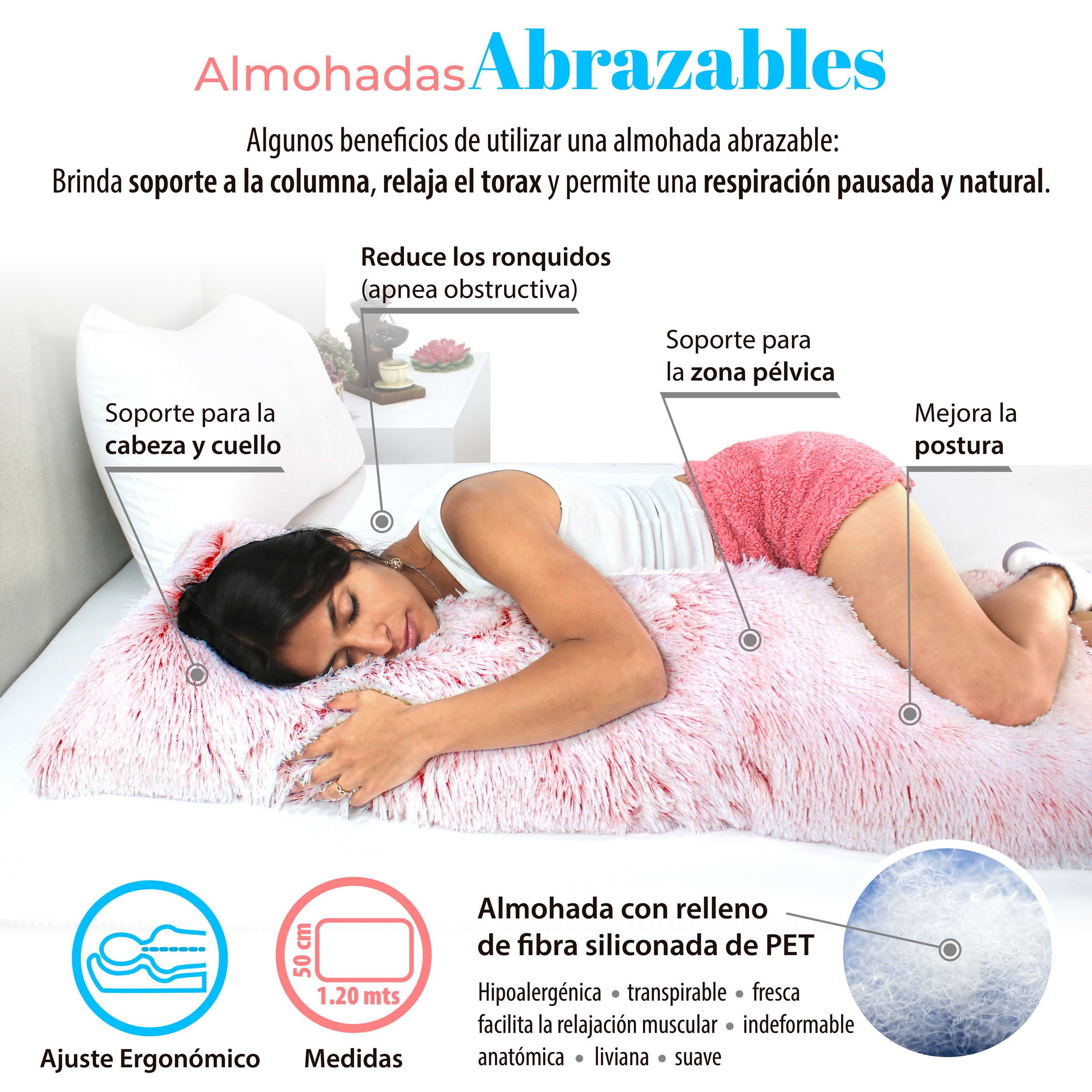 Almohada Abrazable Nevado Coral, Extra Larga Cómoda Super suave.