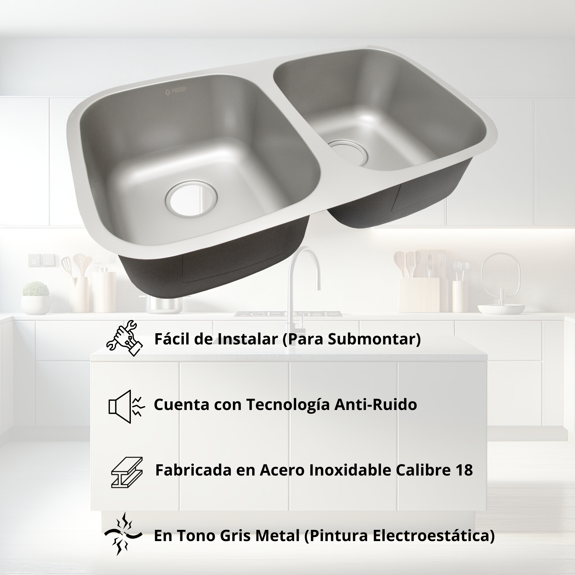 Tarja Doble para Fregadero de Cocina, Fabricada en Acero Inoxidable, 82 cm de largo x 47 cm de ancho x 22 cm de profundidad, color gris metal, instalación fácil