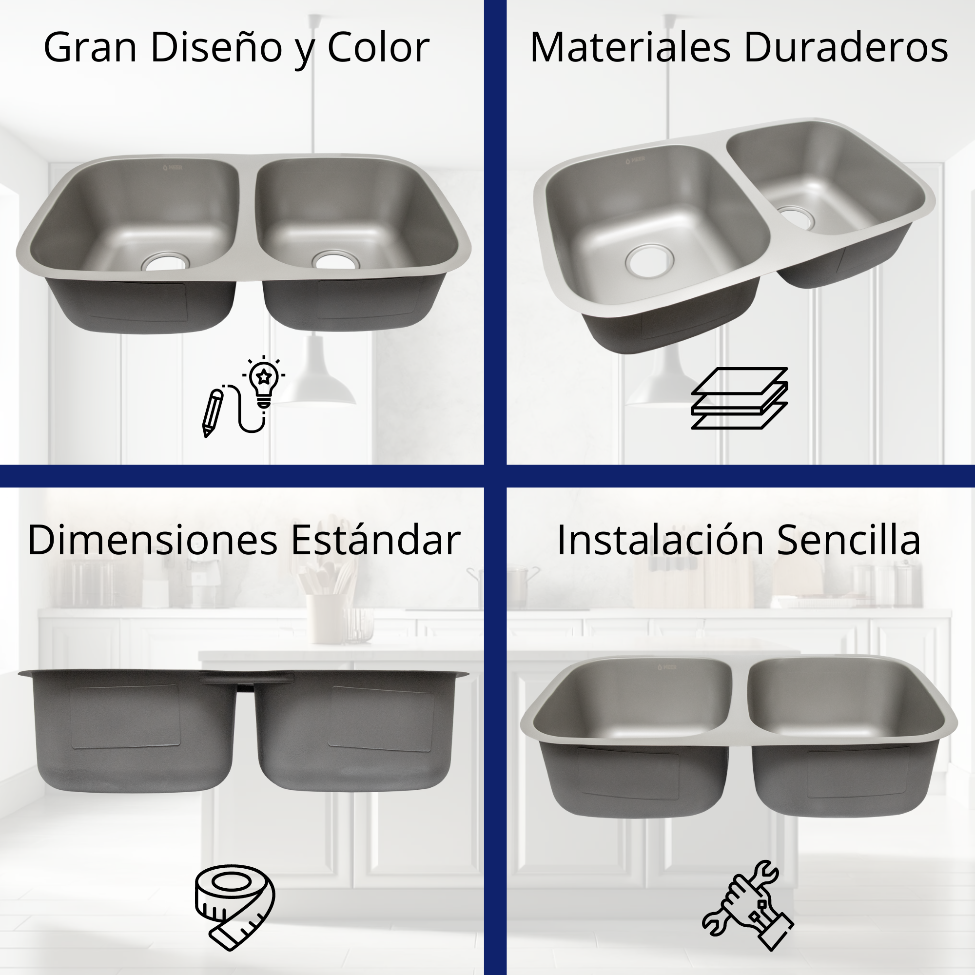 Tarja Doble para Fregadero de Cocina, Fabricada en Acero Inoxidable, 82 cm de largo x 47 cm de ancho x 22 cm de profundidad, color gris metal, instalación fácil