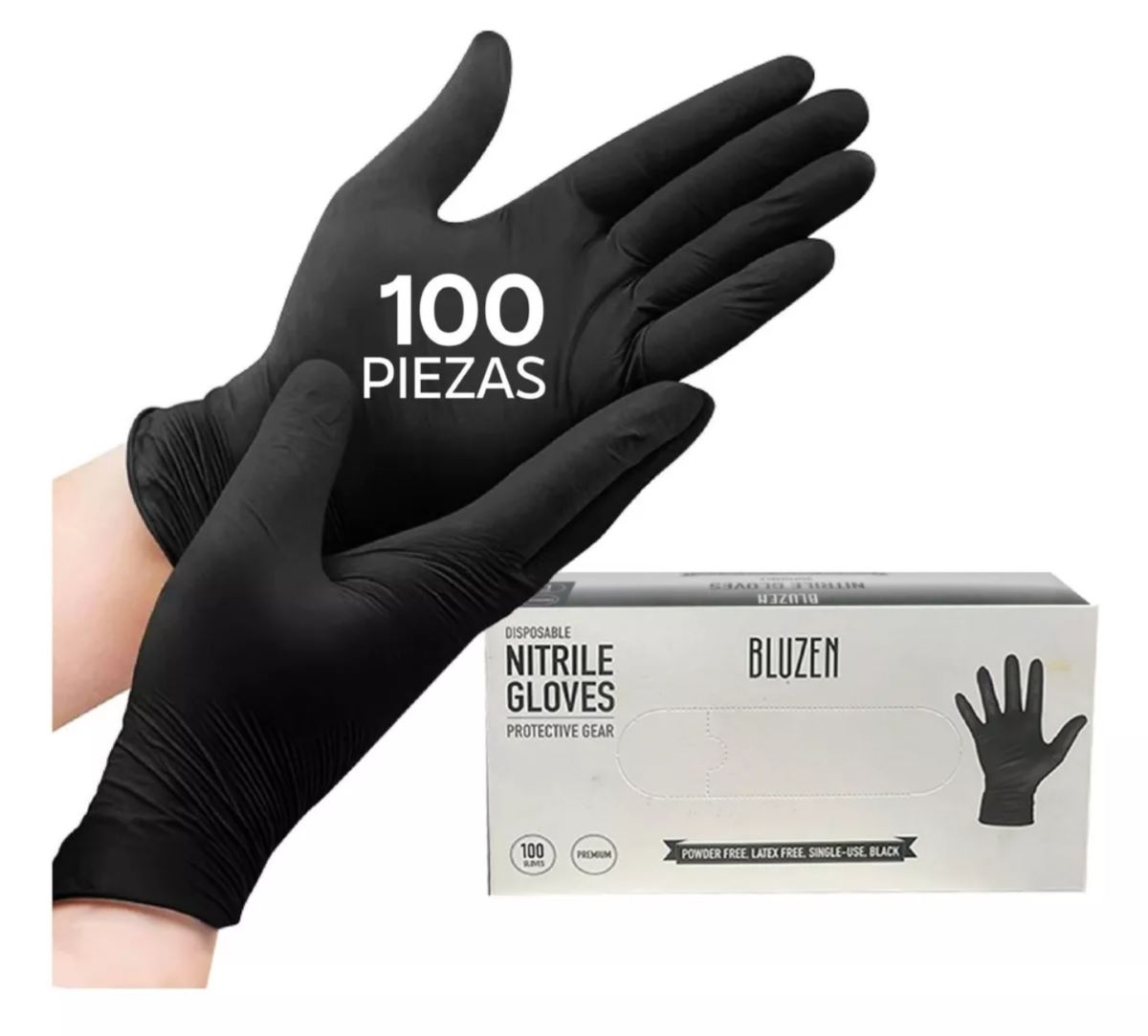 Guante de Nitrilo Negro, Marca Bluzen, paquete con 100 piezas TALLA L, Guante Multiusos, Guante Desechable
