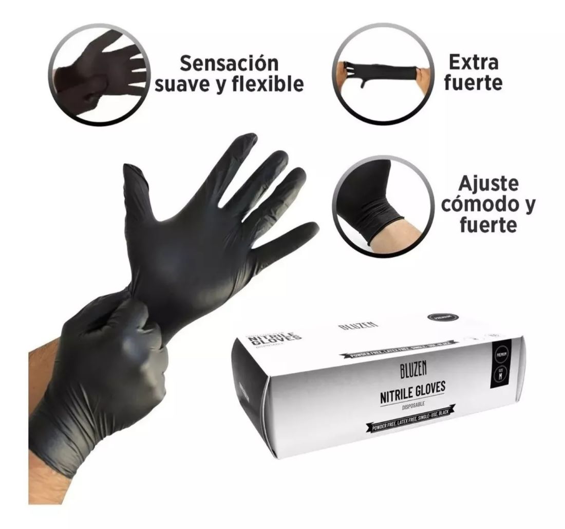 Guante de Nitrilo Negro, Marca Bluzen, paquete con 100 piezas TALLA L, Guante Multiusos, Guante Desechable
