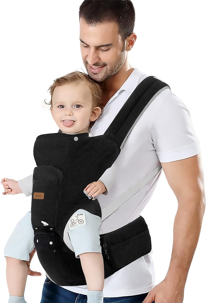 A SHIMY Canguro para Bebé, Cangurera Portabebé Tipo Fular para Niños de 0 a 36 Meses, Mochila Ergonómica con Soporte para Cintura, Múltiples Compartimentos con Cierre, Ajustable a Varias Posiciones