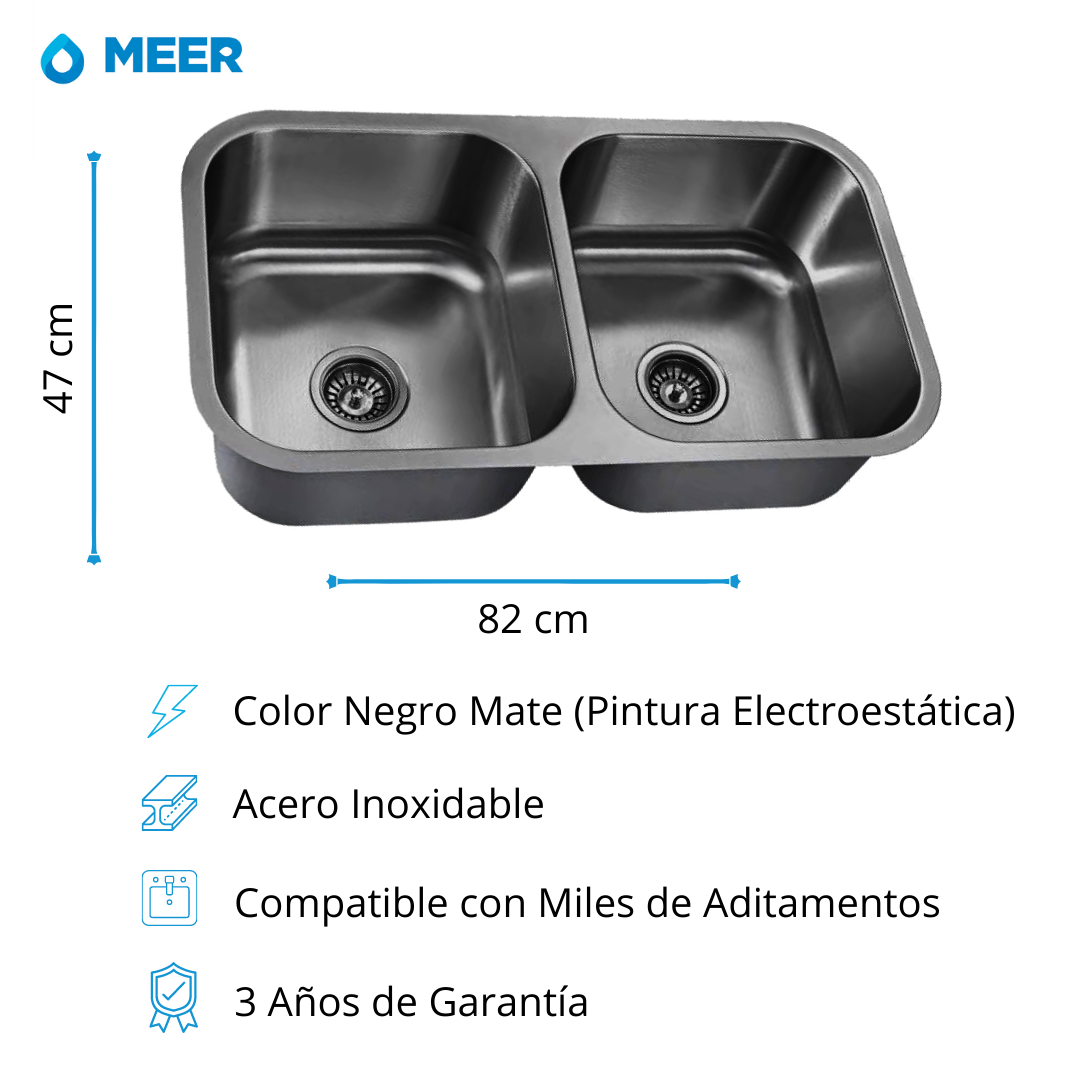 Tarja Doble para Fregadero de Cocina, Fabricada en Acero Inoxidable, 82 cm de largo x 47 cm de ancho x 22 cm de profundidad, color mate, instalación fácil.