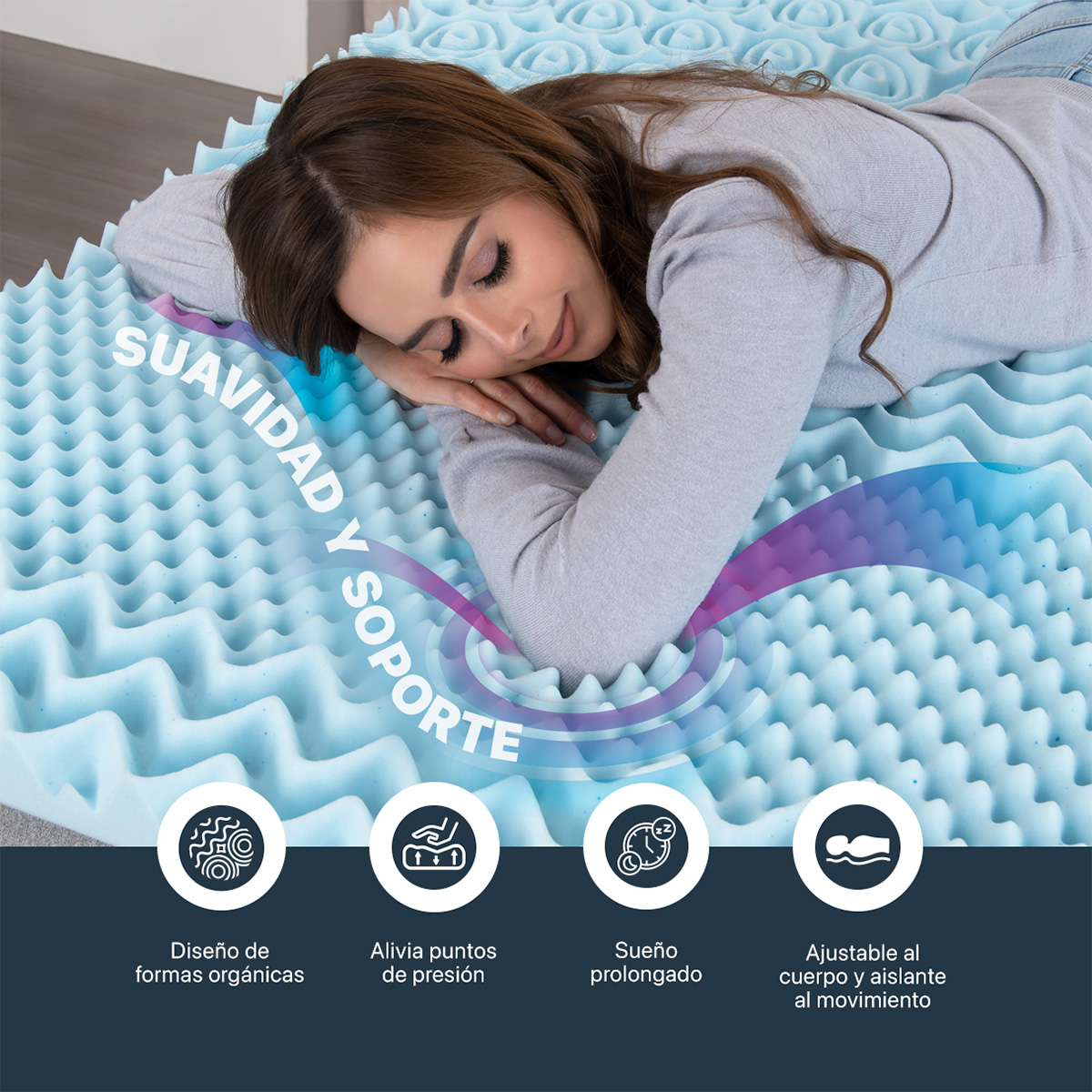Colchoneta Queen Size de Memory Foam Cubre Colchón Topper con 7 Zonas de Confort Sobrecolchón Azul ESQUIMAL.
