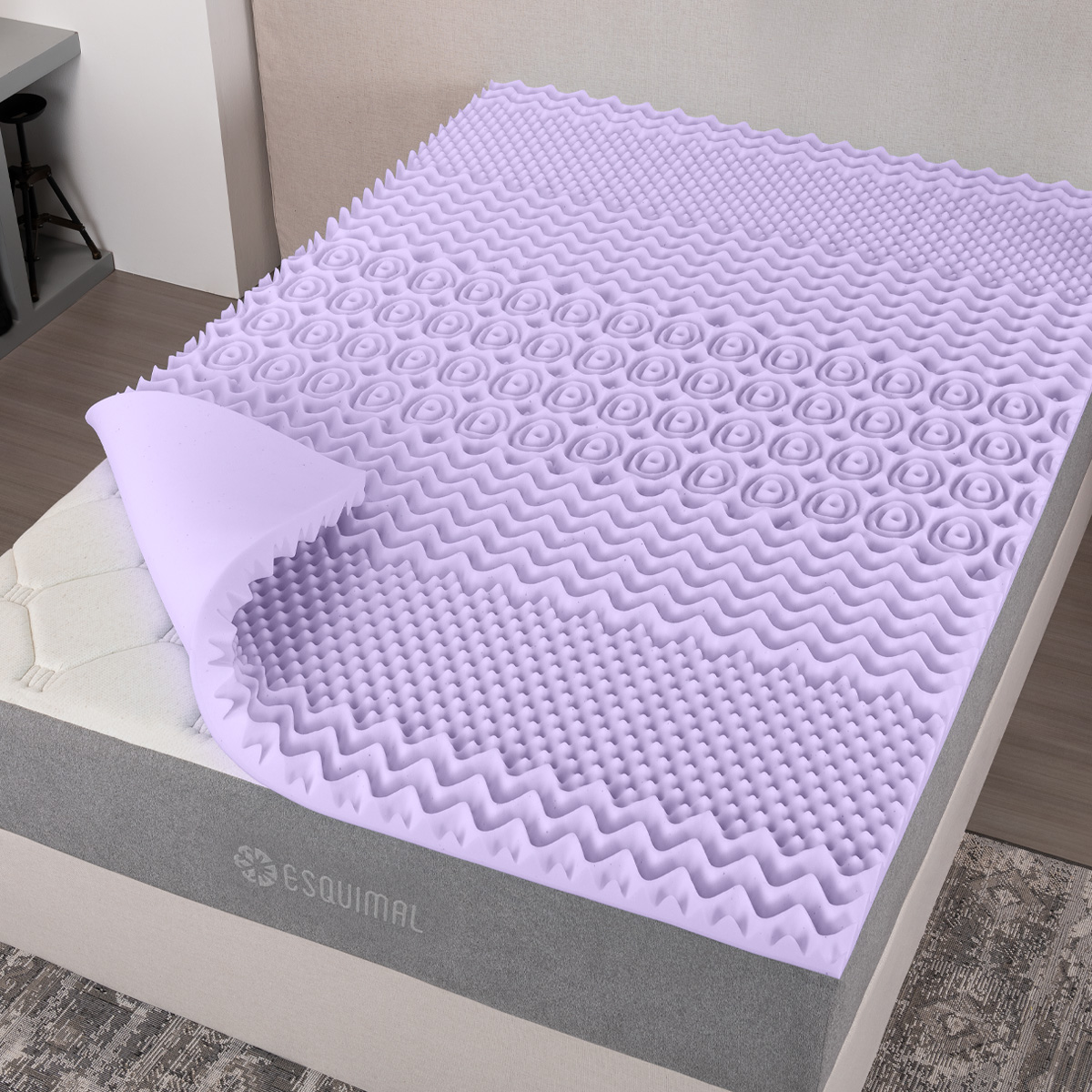 Colchoneta Queen Size de Memory Foam Cubre Colchón Topper con 7 Zonas de Confort Sobrecolchón Lavanda ESQUIMAL.