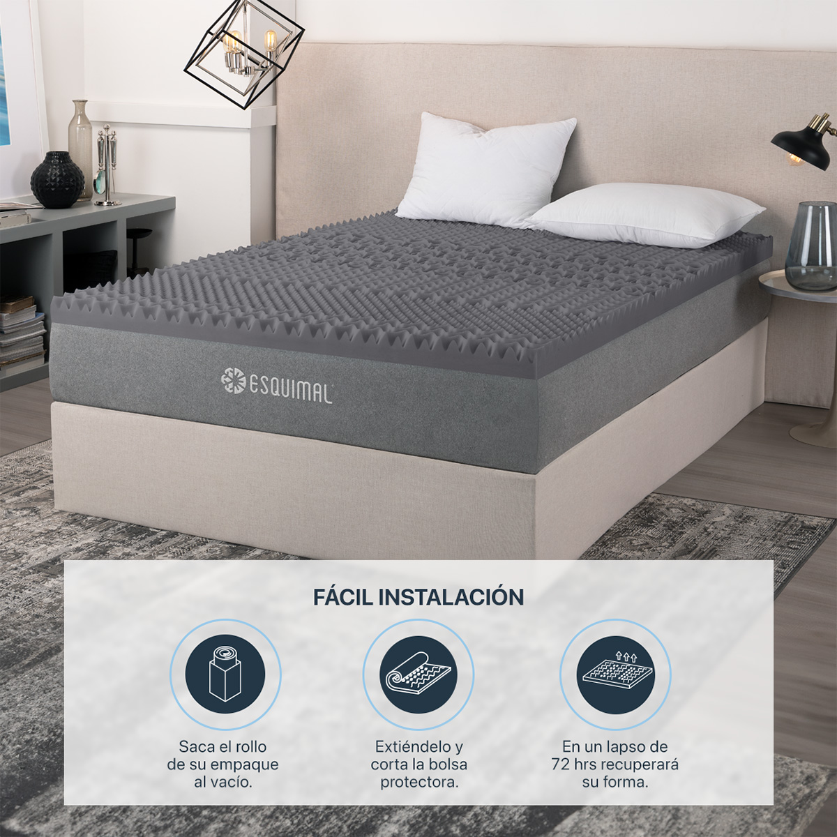Colchoneta Cubrecolchón Memory Foam Matrimonial Topper 7 Zonas de Confort Gris Oscuro ESQUIMAL.