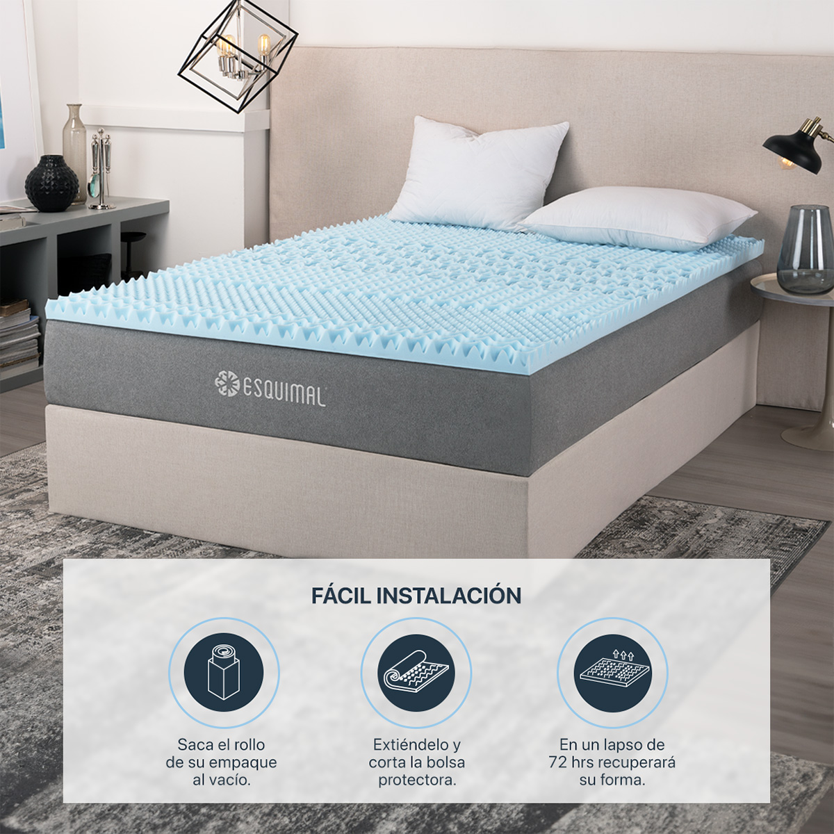 Colchoneta Queen Size de Memory Foam Cubre Colchón Topper con 7 Zonas de Confort Sobrecolchón Azul ESQUIMAL.