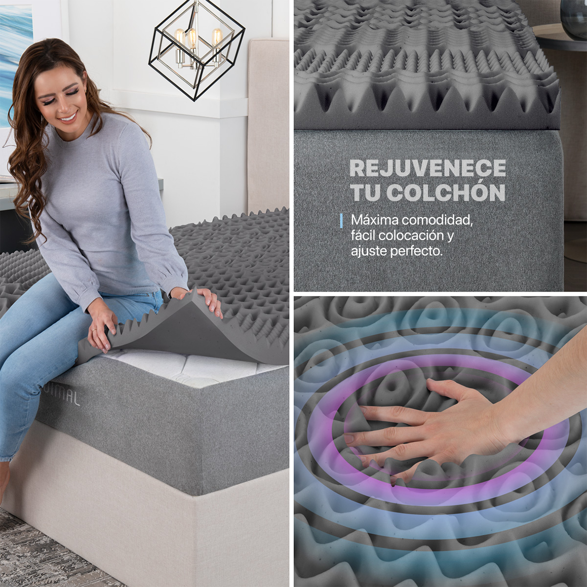 Colchoneta Cubrecolchón Memory Foam Matrimonial Topper 7 Zonas de Confort Gris Oscuro ESQUIMAL.