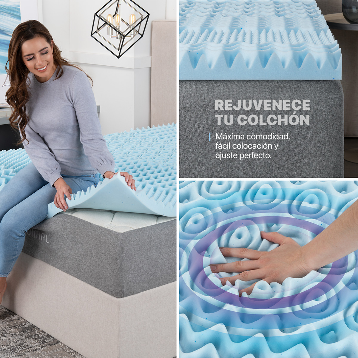 Colchoneta Individual de Memory Foam Cubre Colchón Topper con 7 Zonas de Confort Sobrecolchón Azul ESQUIMAL.