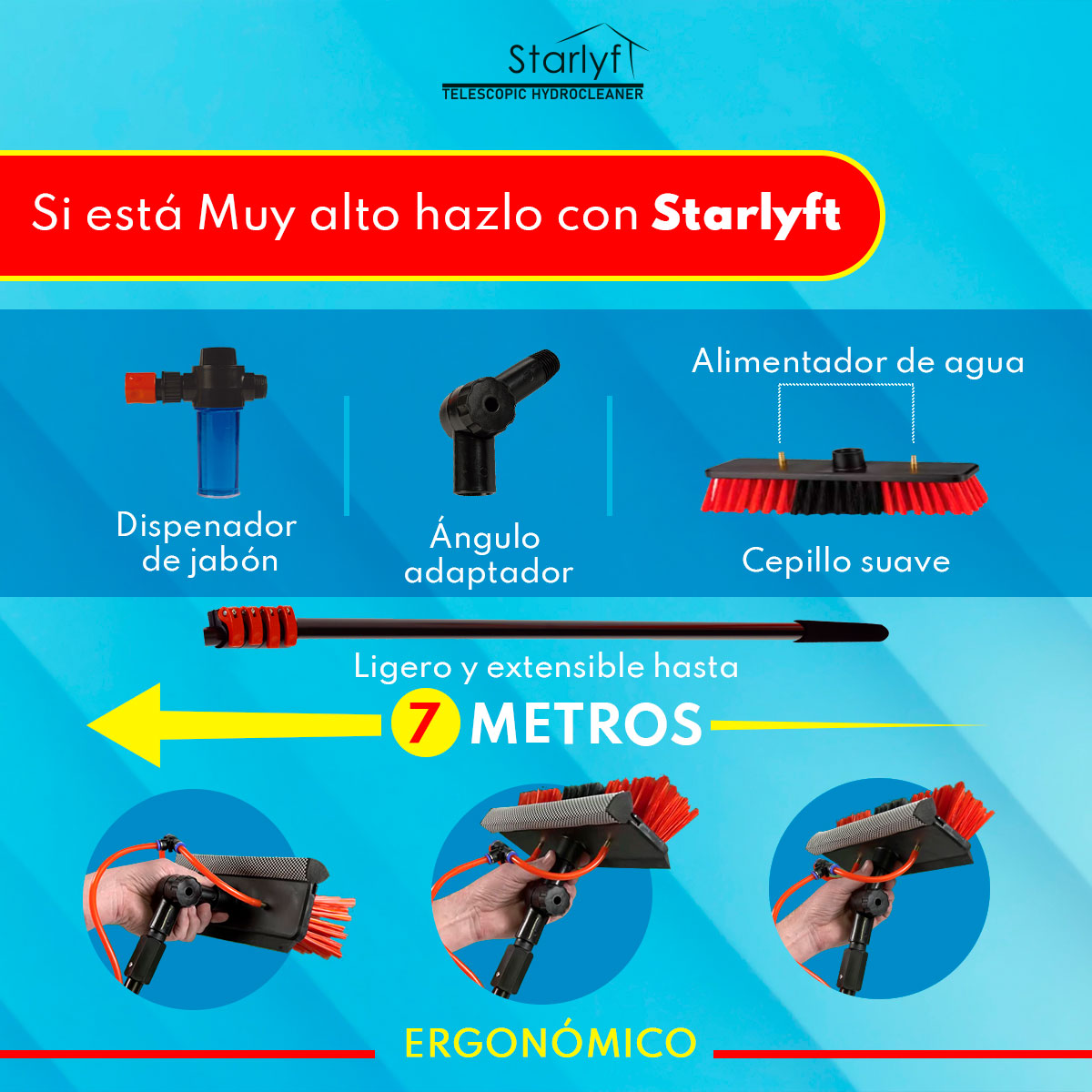 Cepillo Limpiador TELESCÓPICO STARLYFT TELESCOPIC HIDROCLEANER 7 M Tv Ofertas con PROPULSIÓN DE Agua y Jabón, Extensible hasta 7 Metros y Ligero  