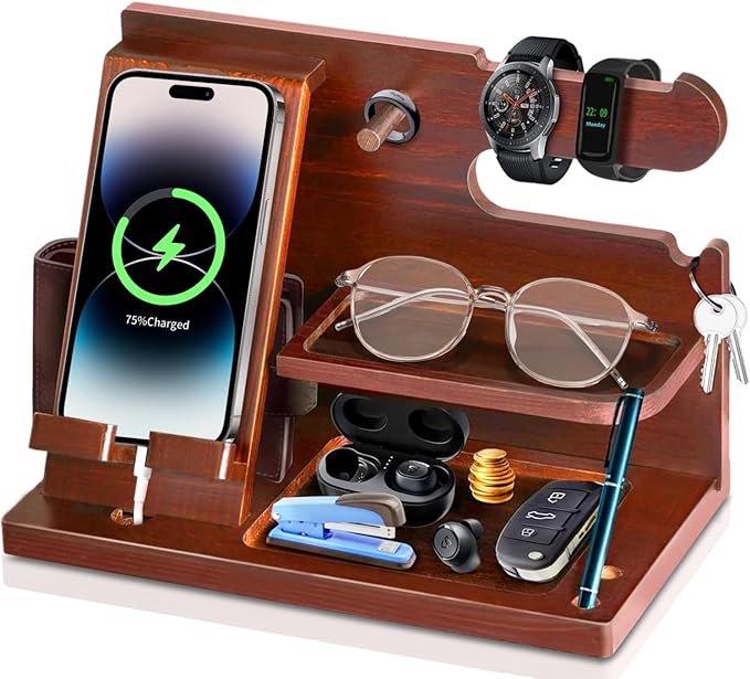 Organizador de Madera para Celular,2024 Nuevo Diseño,Organizador de Escritorio,Anillo,Anteojos,Relojes,Cartera,Accesorios para Hombre,Base de Celular para la Oficina y el Hogar,Regalos para Hombre