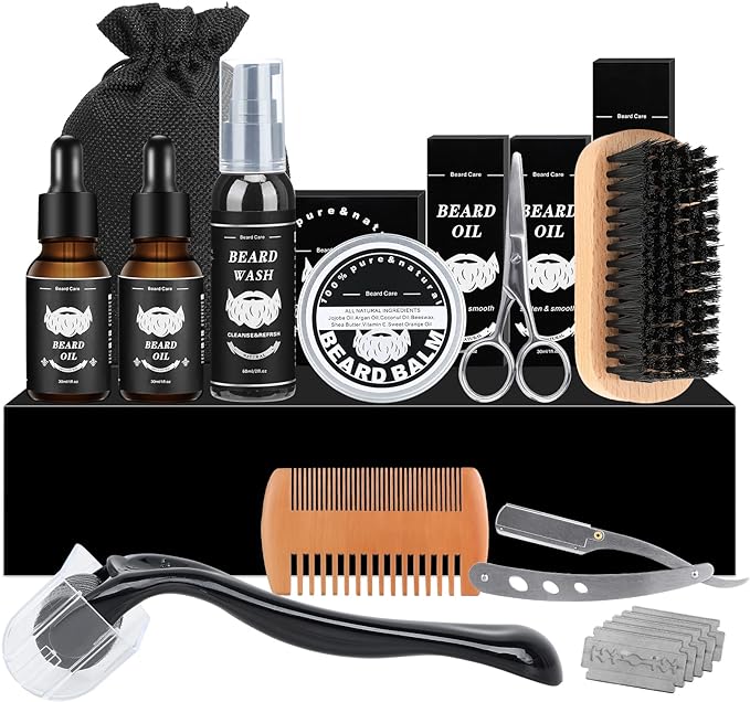 Kit Barba Cuidado, Kit de Cuidado de Barba 12 en 1 para Hombres, Juego de Regalo para Crecer y Afeitar Barba, Regalos para Hombres para Papá, Novio, Esposo