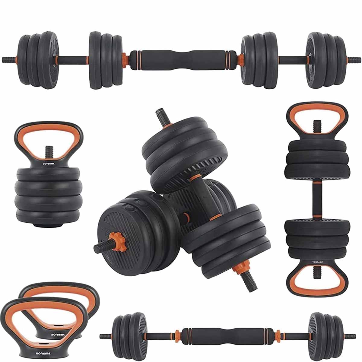 Kit de mancuernas y barras para ejercicio en casa 6 en 1 Multi usos con peso ajustable 20 Kg discos de pesas para ejercicio, pesas rusa y mas.