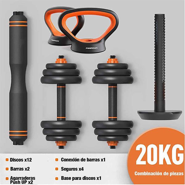 Kit de mancuernas y barras para ejercicio en casa 6 en 1 Multi usos con peso ajustable 20 Kg discos de pesas para ejercicio, pesas rusa y mas.