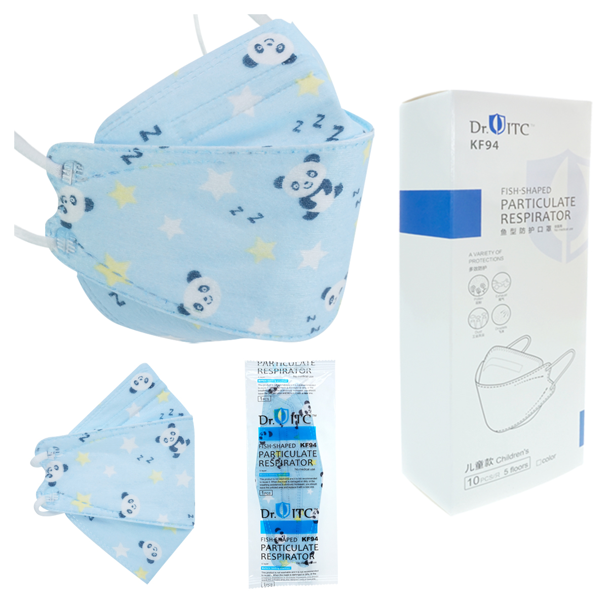 Cubrebocas Kf94 Infantil Mascarillas De Niño 10 Pzs Azul Pandita.