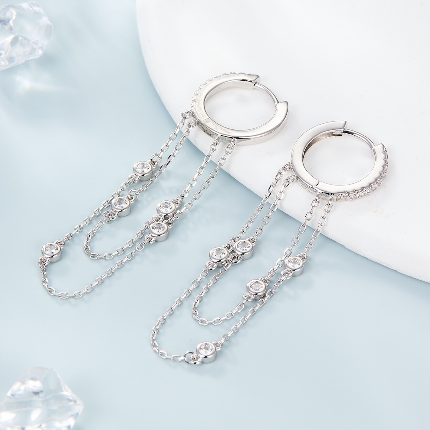Aretes De Plata 925 Cadena Zirconias Colgante Mujer Regalo.