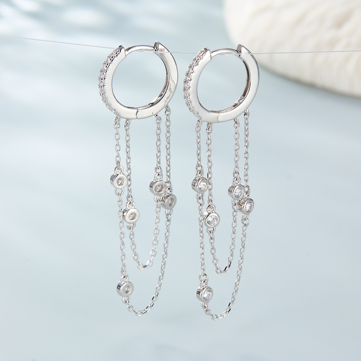 Aretes De Plata 925 Cadena Zirconias Colgante Mujer Regalo.