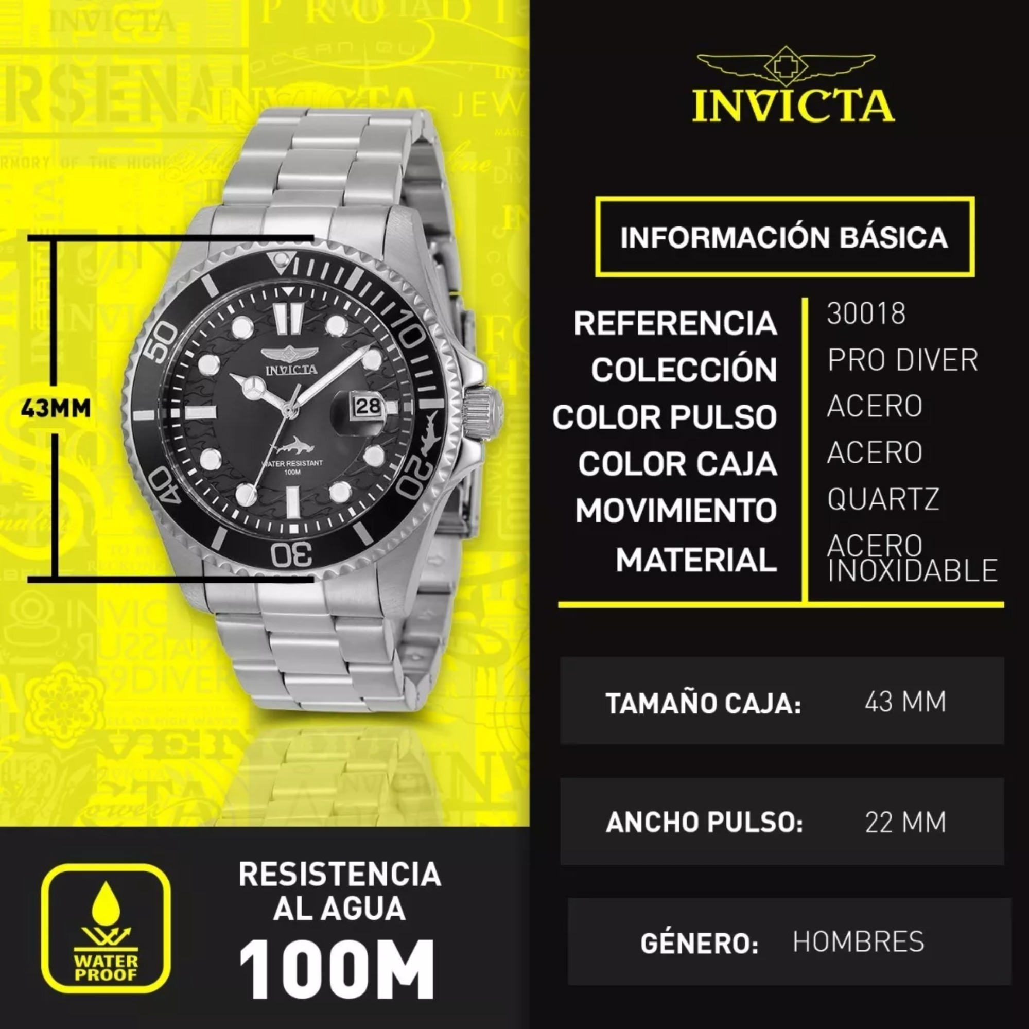  Reloj de pulsera Invicta Pro Diver 30018 de cuerpo color acero, analógico, para hombre, fondo negro,
