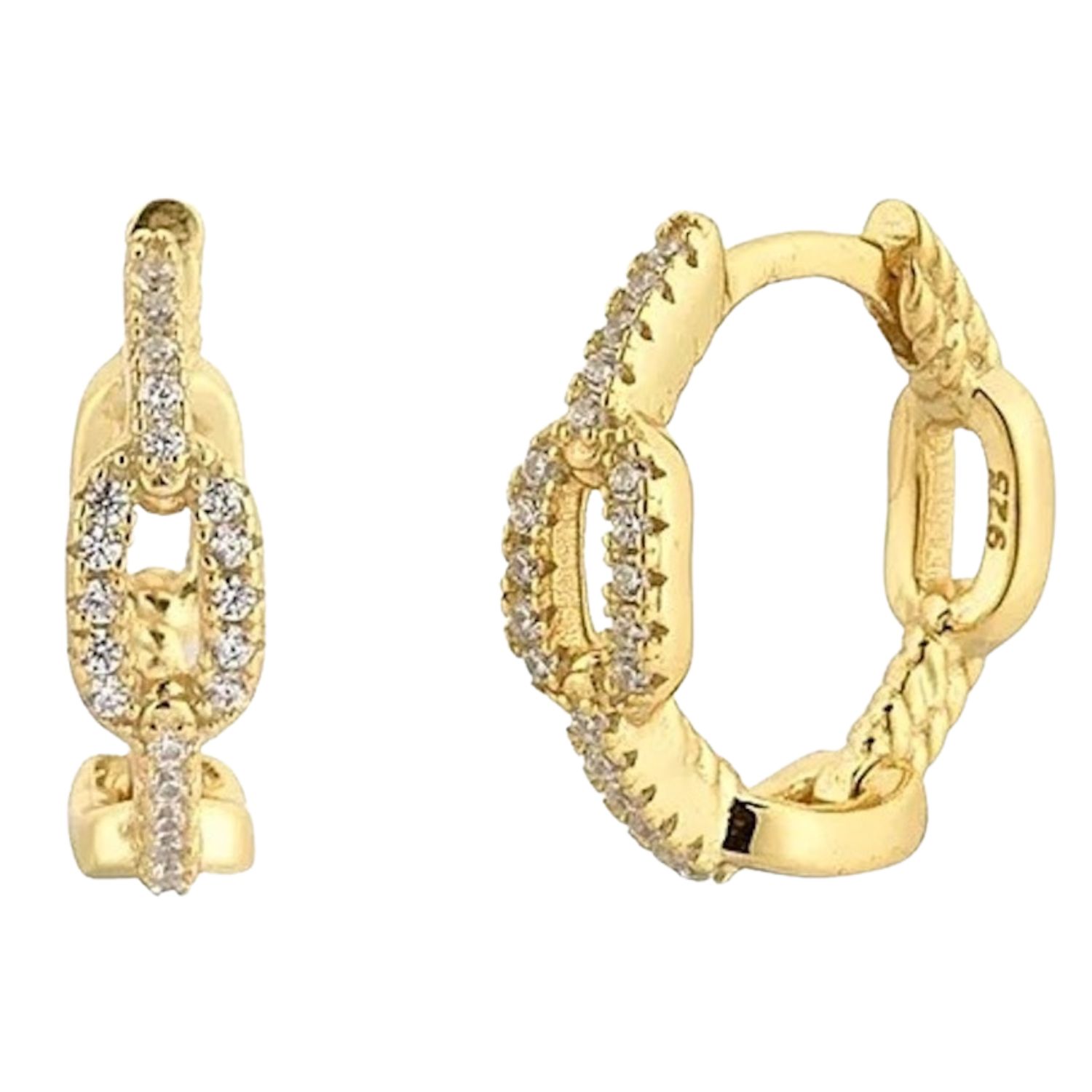 Aretes Mujer Plata .925 Eslabones y Zirconias Oro 18k.