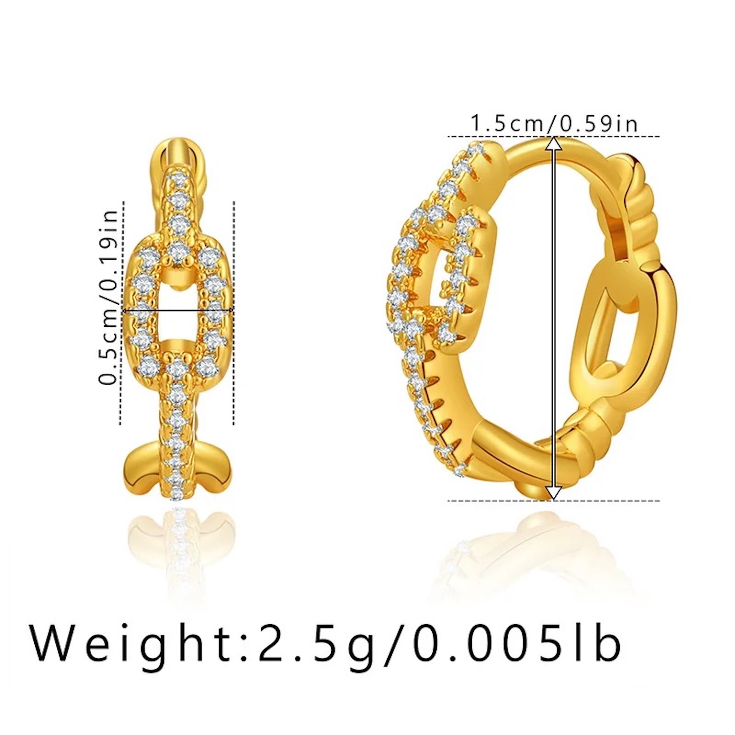 Aretes Mujer Plata .925 Eslabones y Zirconias Oro 18k.