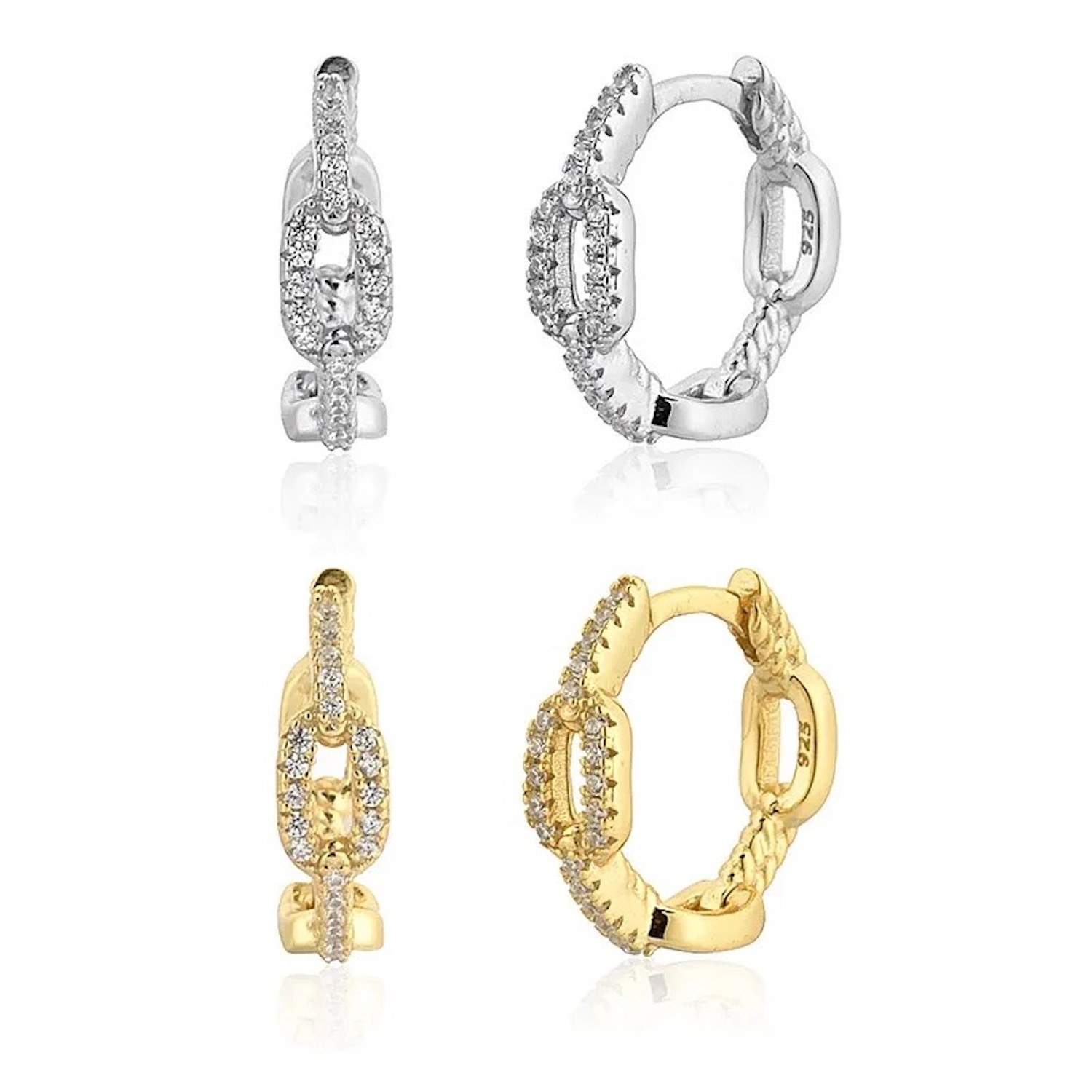 Aretes Mujer Plata .925 Eslabones y Zirconias Oro 18k.