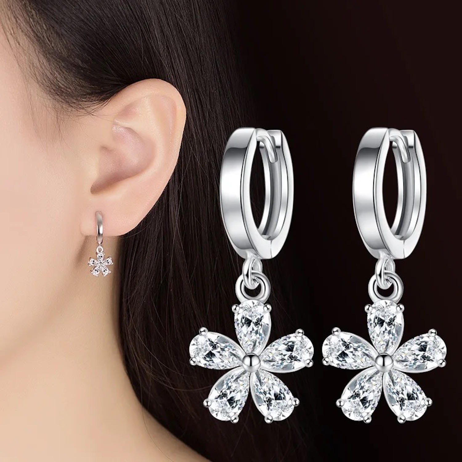 Aretes De Plata 925 Flor Con Zirconias Mujer Regalo Piercing.