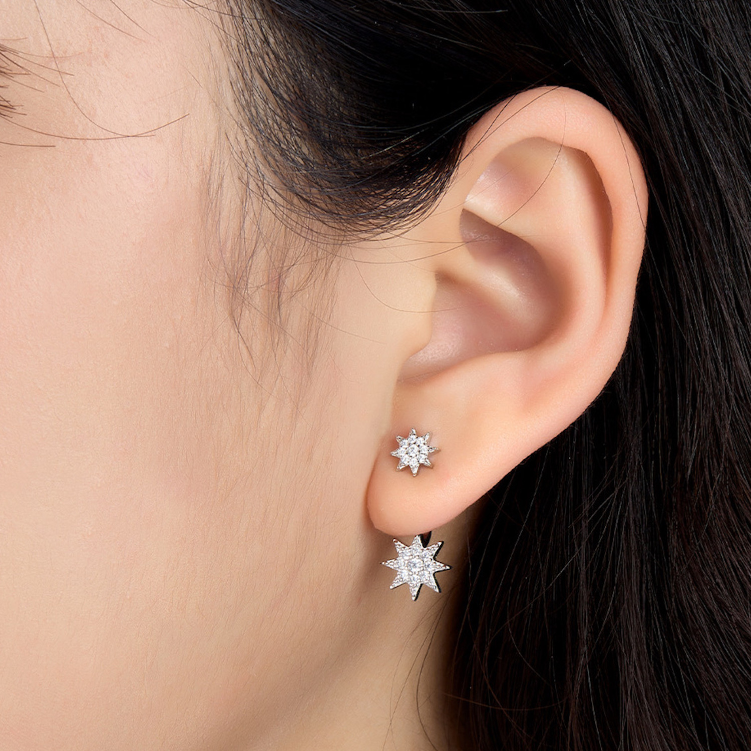 Aretes de Plata 925 Doble Estrella con Zirconias Mujer.