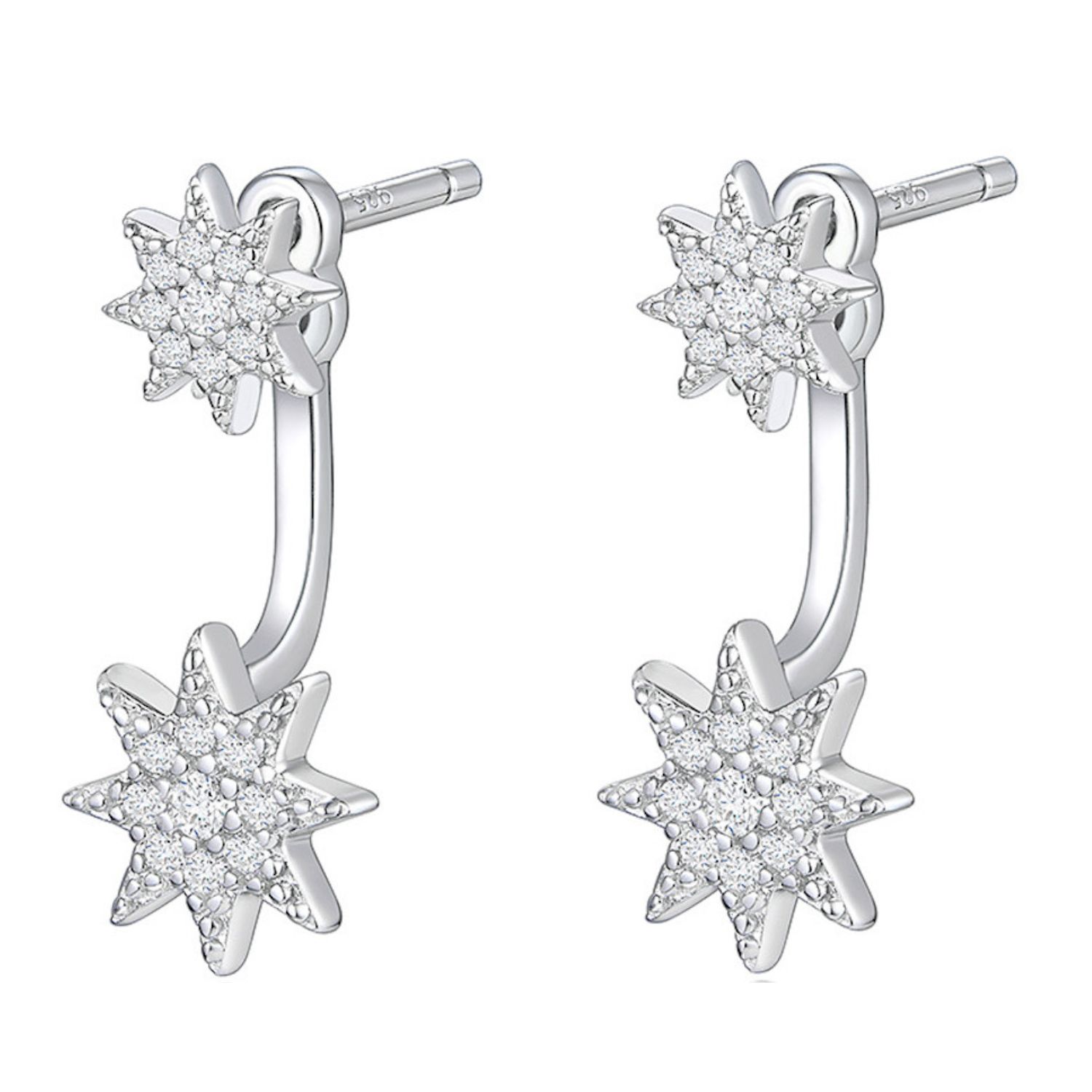 Aretes de Plata 925 Doble Estrella con Zirconias Mujer.
