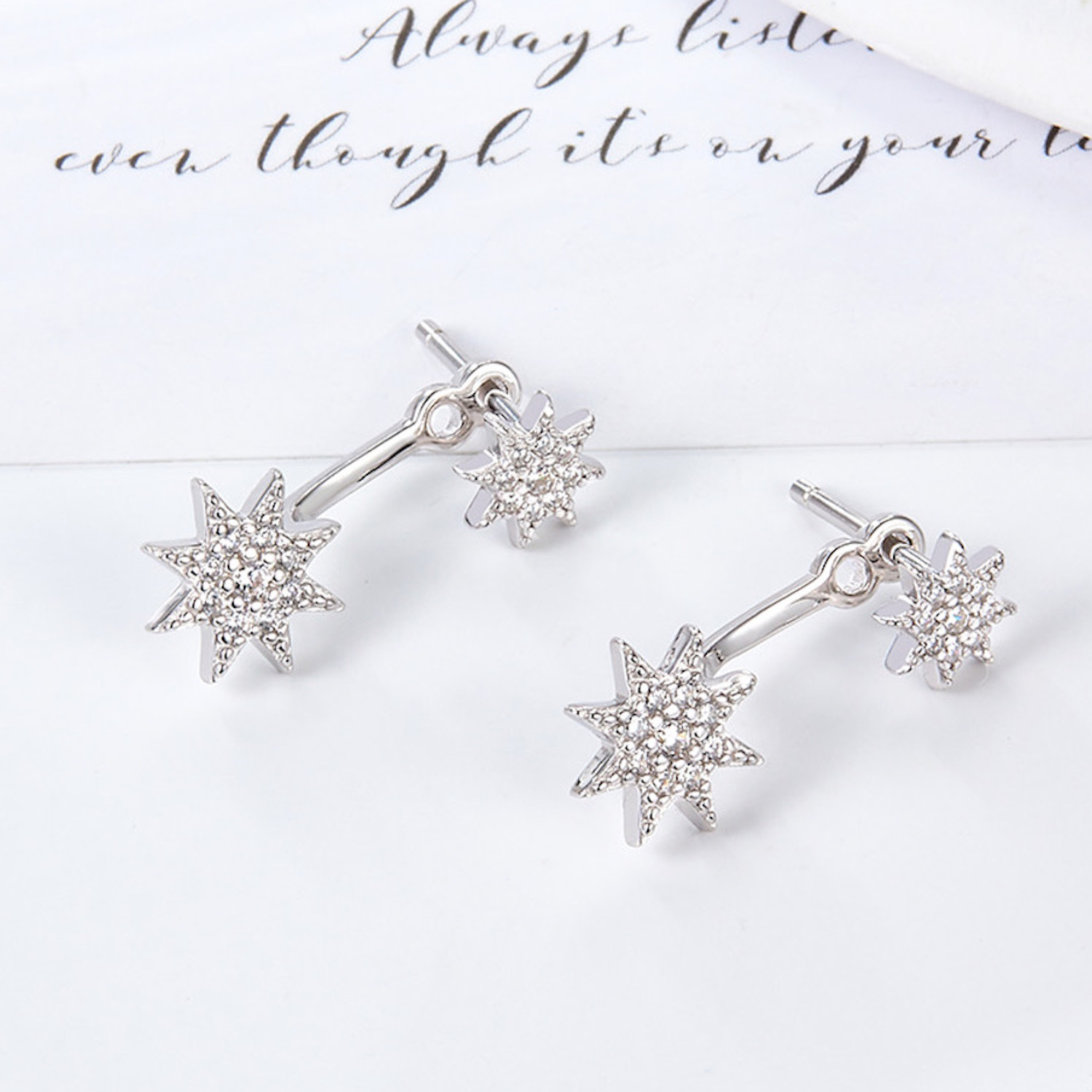 Aretes de Plata 925 Doble Estrella con Zirconias Mujer.