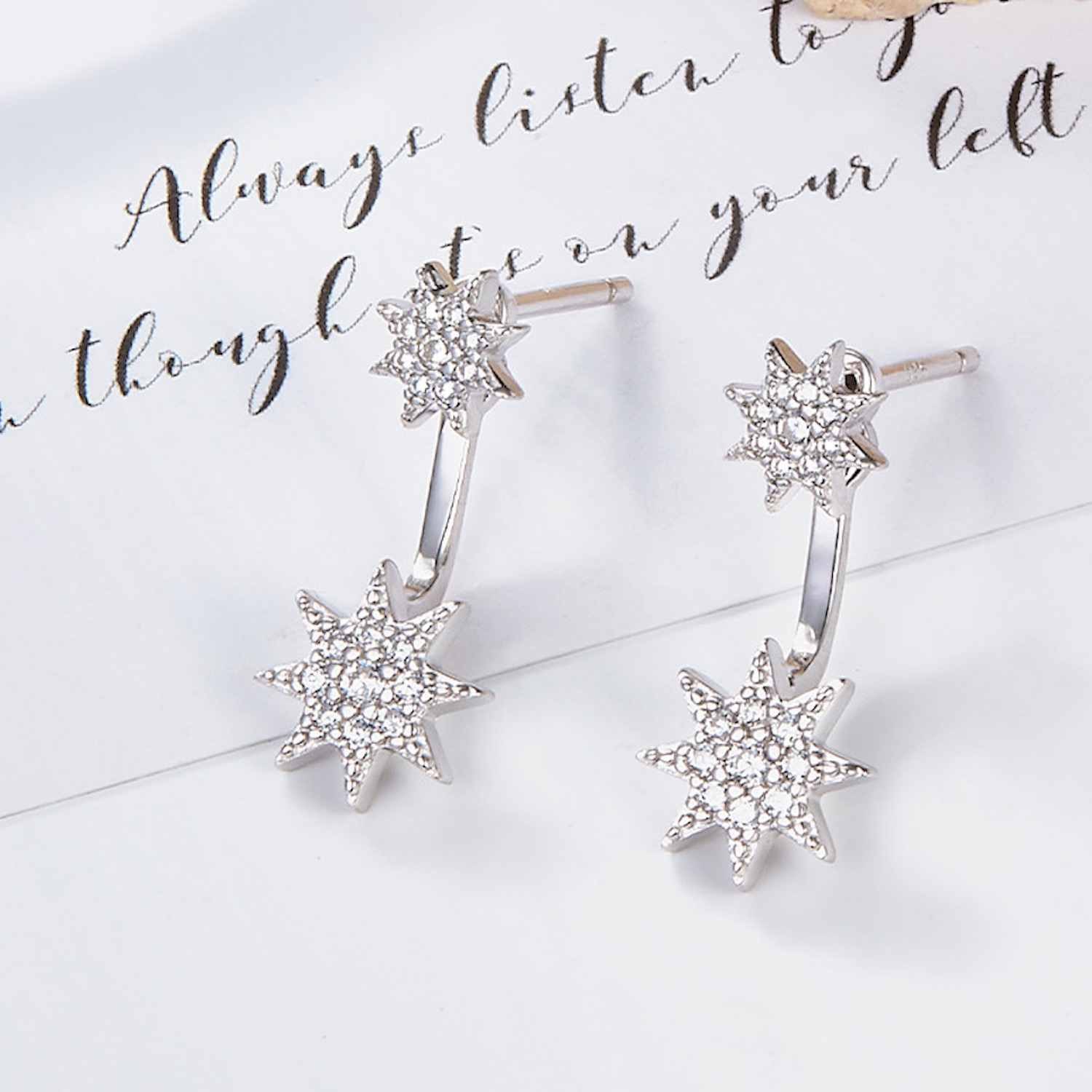 Aretes de Plata 925 Doble Estrella con Zirconias Mujer.
