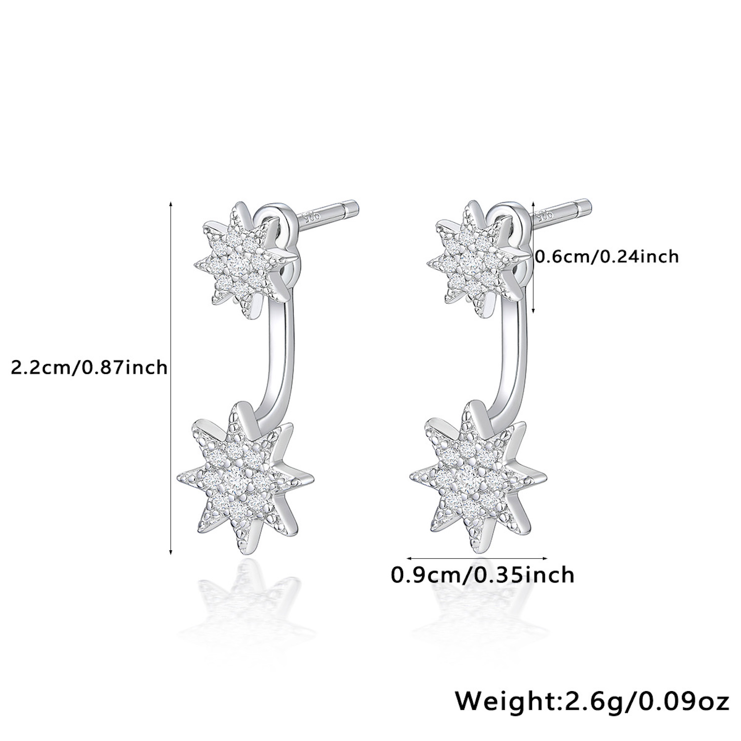Aretes de Plata 925 Doble Estrella con Zirconias Mujer.
