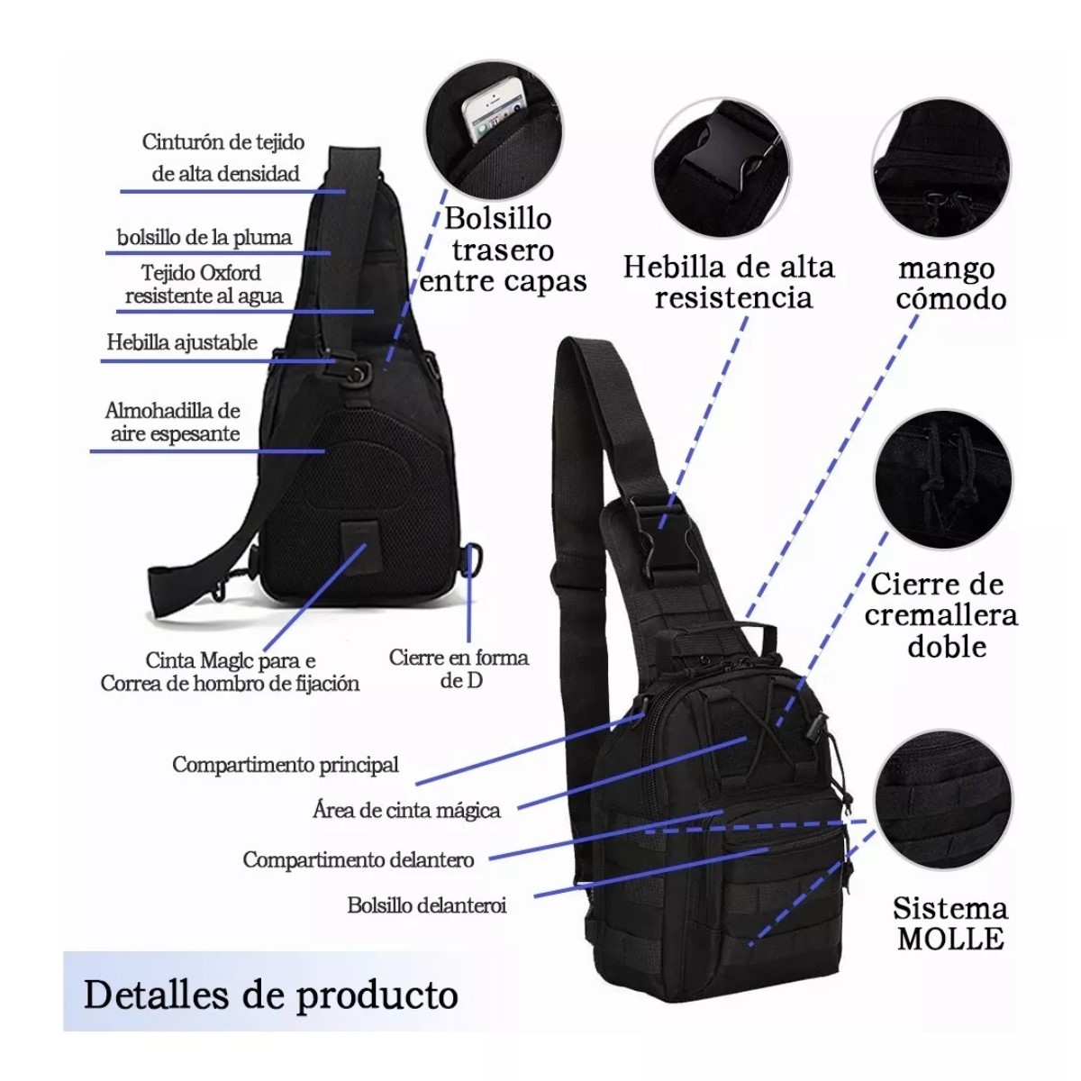 Mochila táctica versátil pecho bolsa transporte senderismo caza deportes cartera moto autos negro