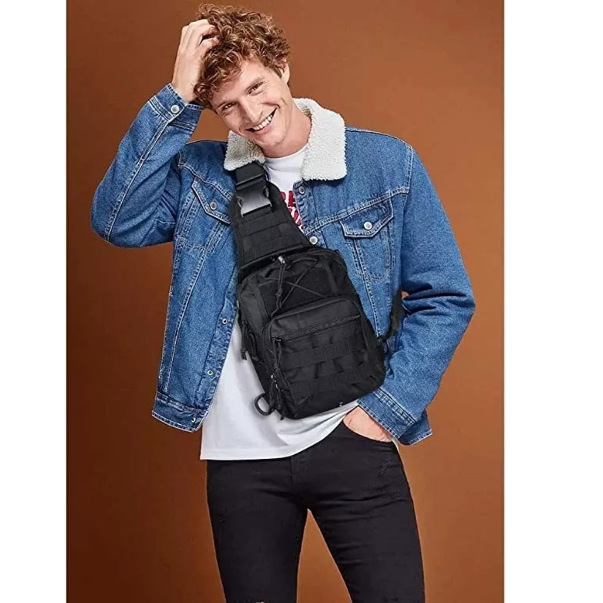 Mochila táctica versátil pecho bolsa transporte senderismo caza deportes cartera moto autos negro