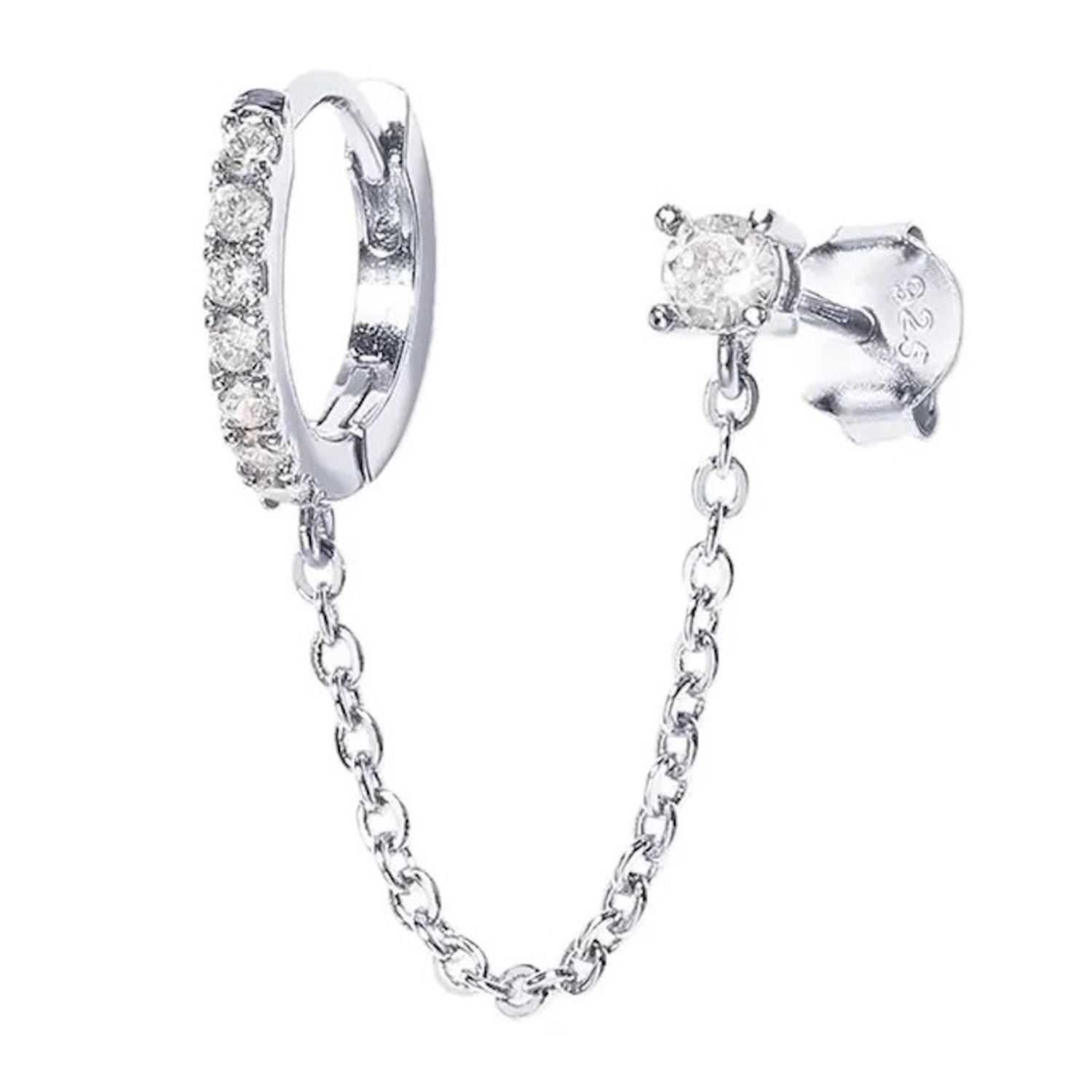 Arete De Cadena Plata 925 Cadena Doble Piercing Zirconias.